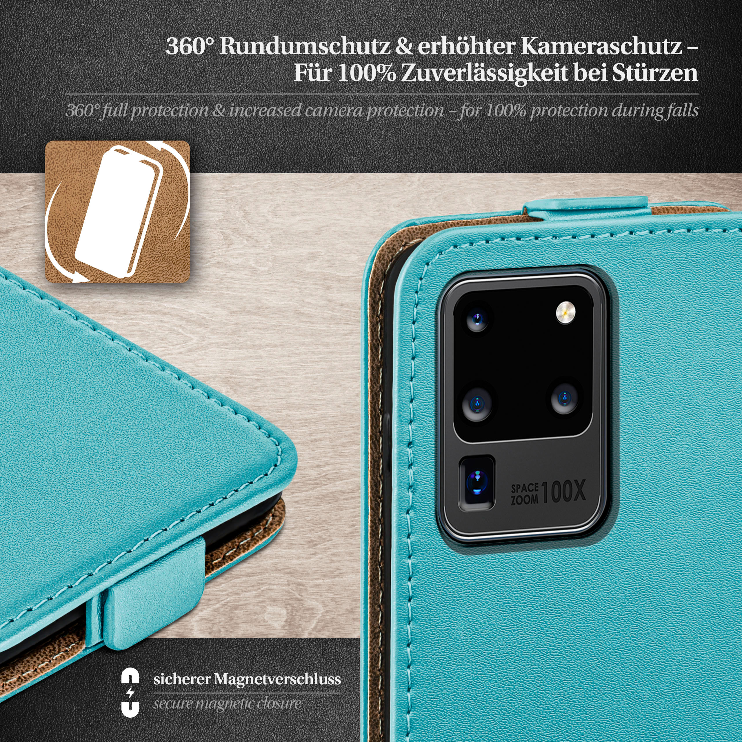 Eine türkis Handyhülle, geöffnet, um das Telefon mit Kamera zu zeigen. Text über Schutz und Verschluss.