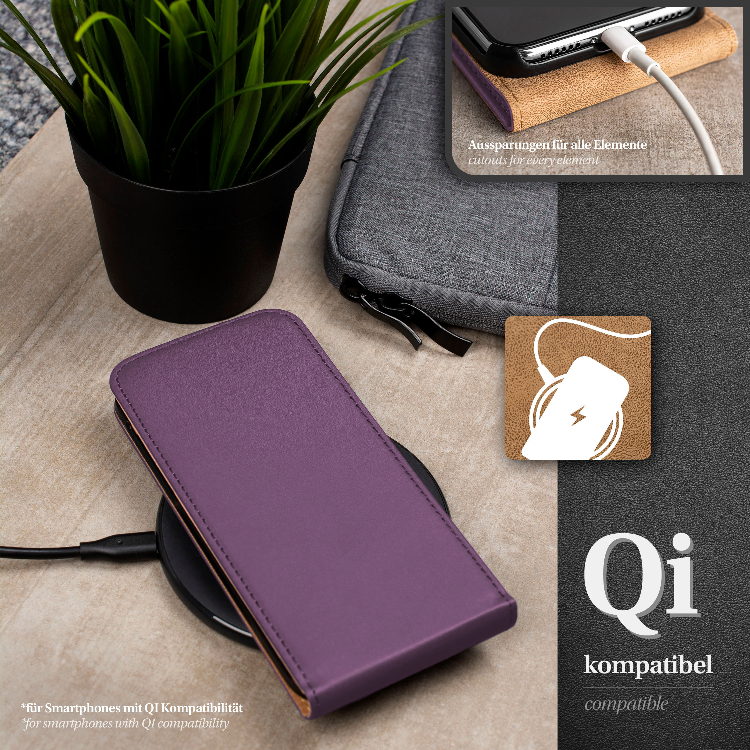 Lila Handyhülle auf kabellosem Ladegerät, ein Telefon lädt. Grüne Pflanze und graue Tasche.