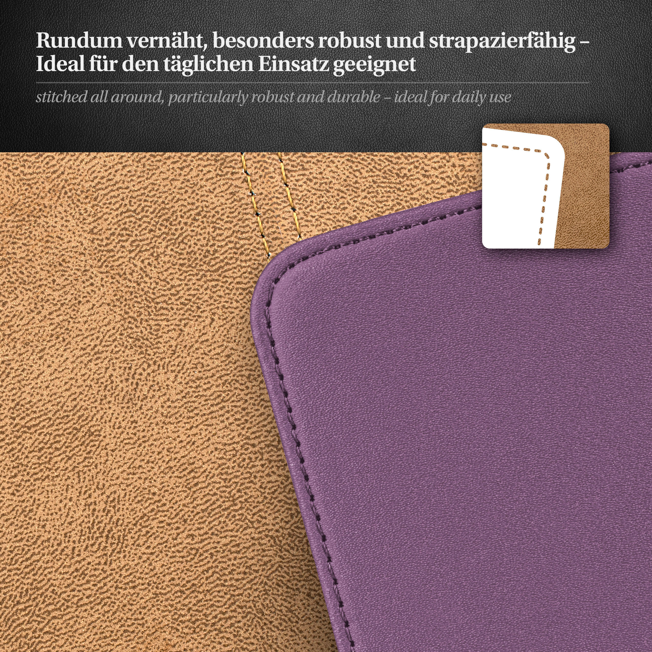 Nahaufnahme der Nähte auf einer lila und braunen Leder-Handyhülle.