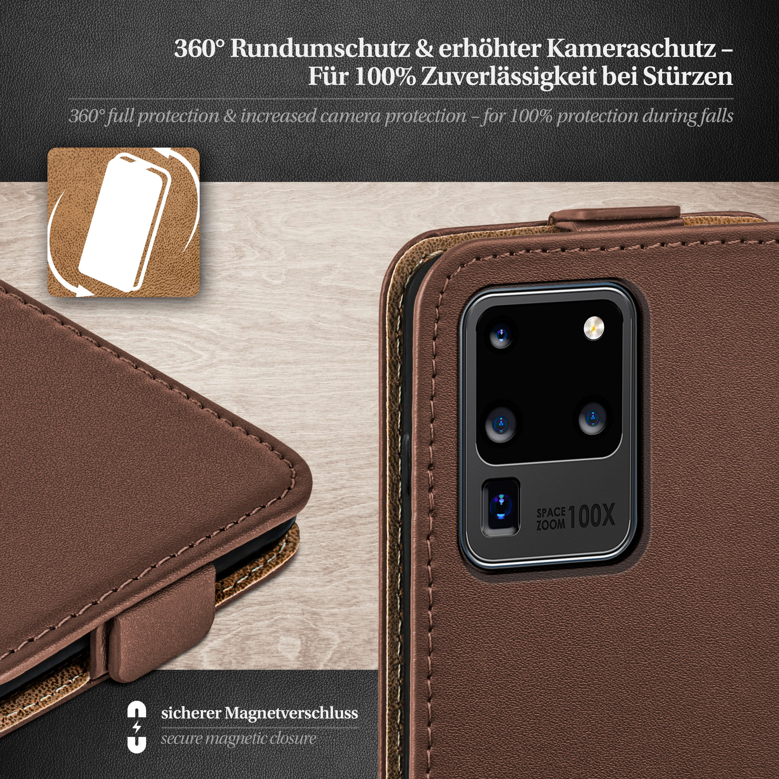 Braune Leder-Handyhülle, aufgeklappt, um das Telefon zu zeigen. Weiße Nähte sichtbar.