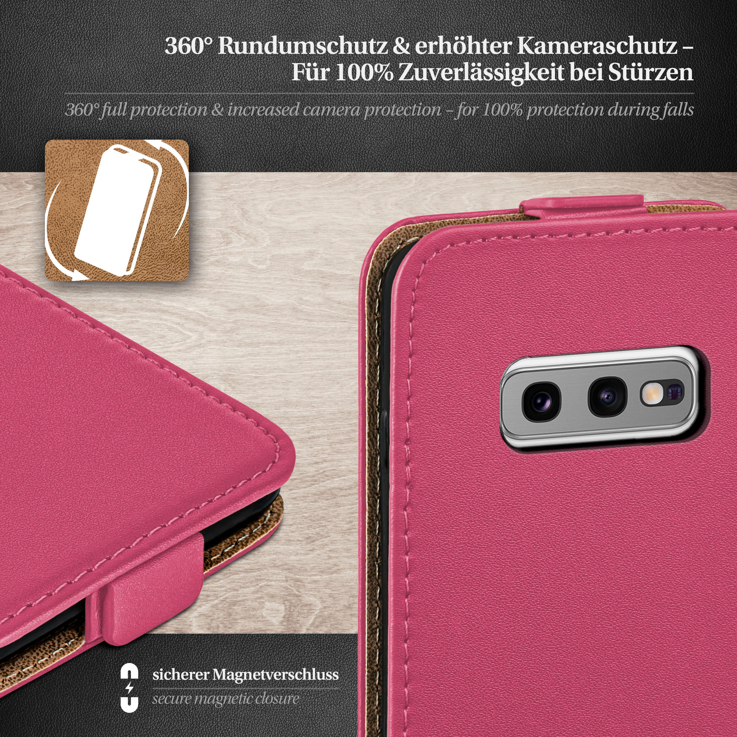 Rosa Handyhülle mit Klappe. Die Kamera des Telefons ist sichtbar. Braune Nähte an den Seiten.