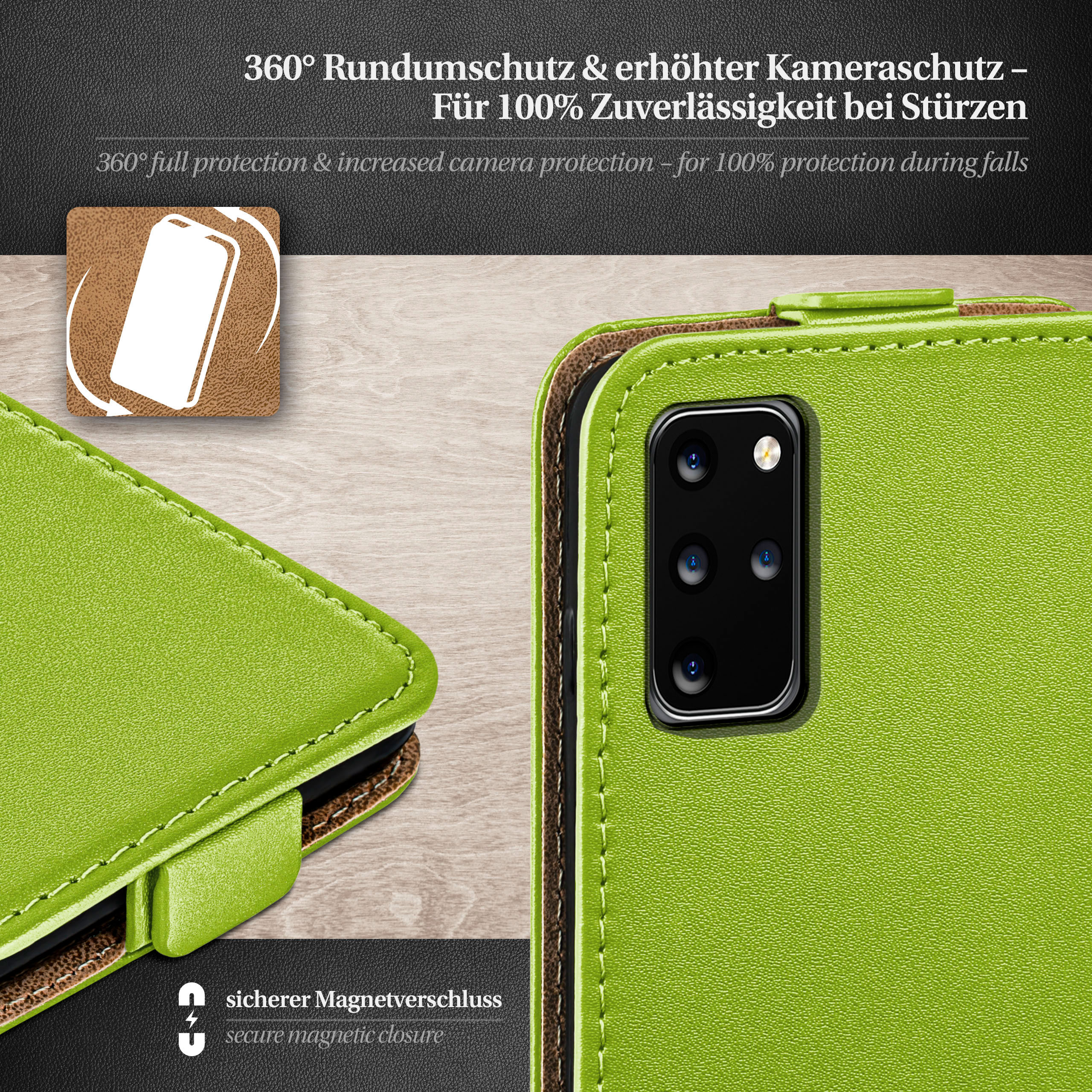 Grüne Handyhülle mit Telefon, Nahaufnahme der Rückseite mit Kamera.