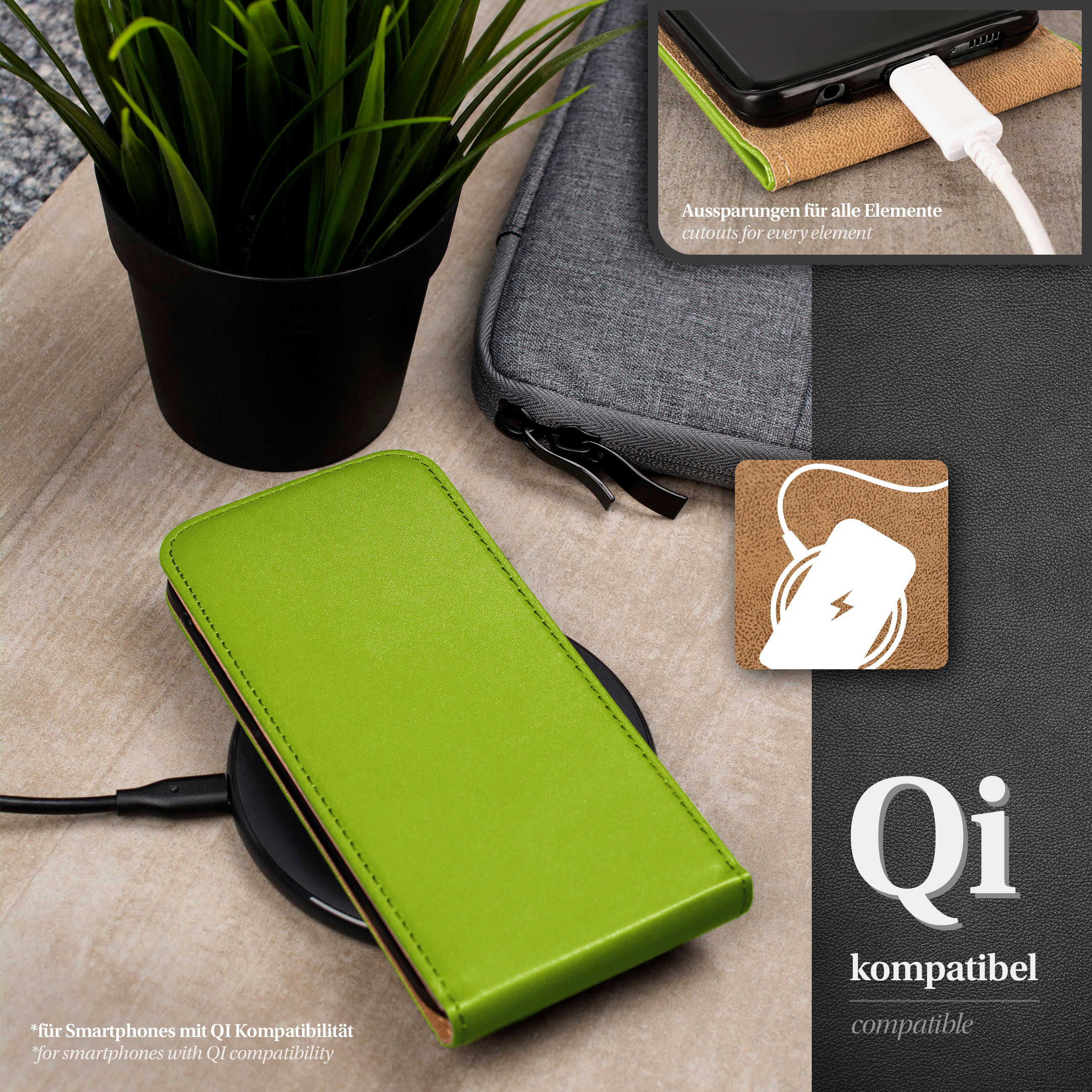 Grüne Handyhülle auf kabellosem Ladegerät. Schwarzes Telefon, graue Hülle und Topfpflanze. Hintergrund: Tisch.