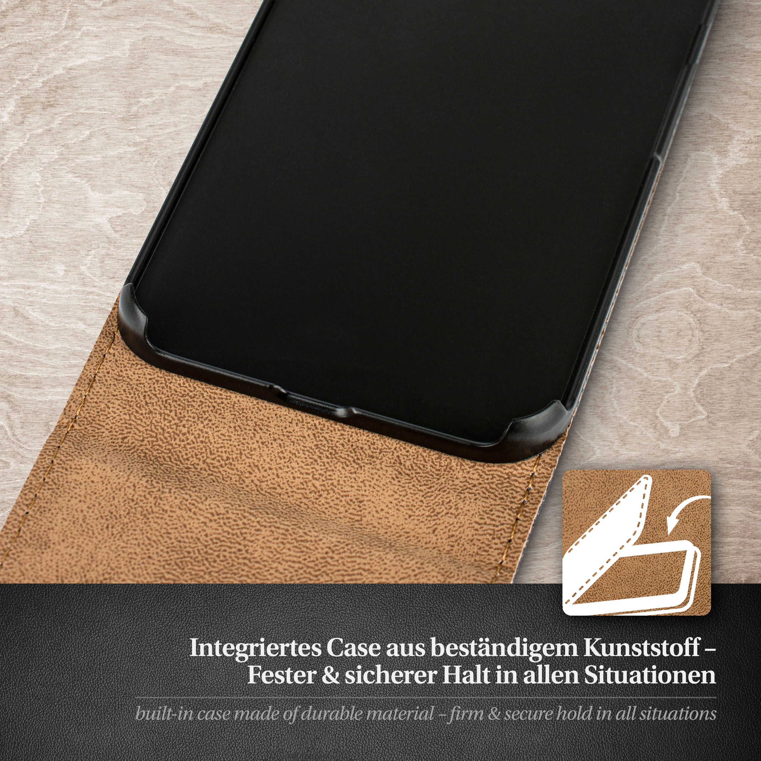Eine geöffnete Handyhülle mit Telefon auf einem Holztisch. Text sagt, es besteht aus haltbarem Material.