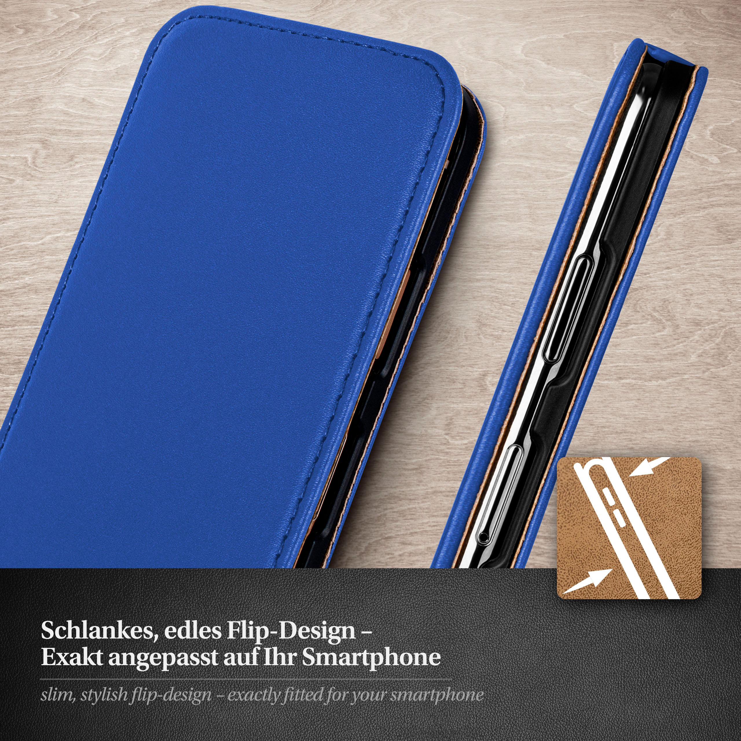 Blaue Handyhülle, offen. Telefon drin. Holztisch. Kleines Symbol zeigt Flip-Design.