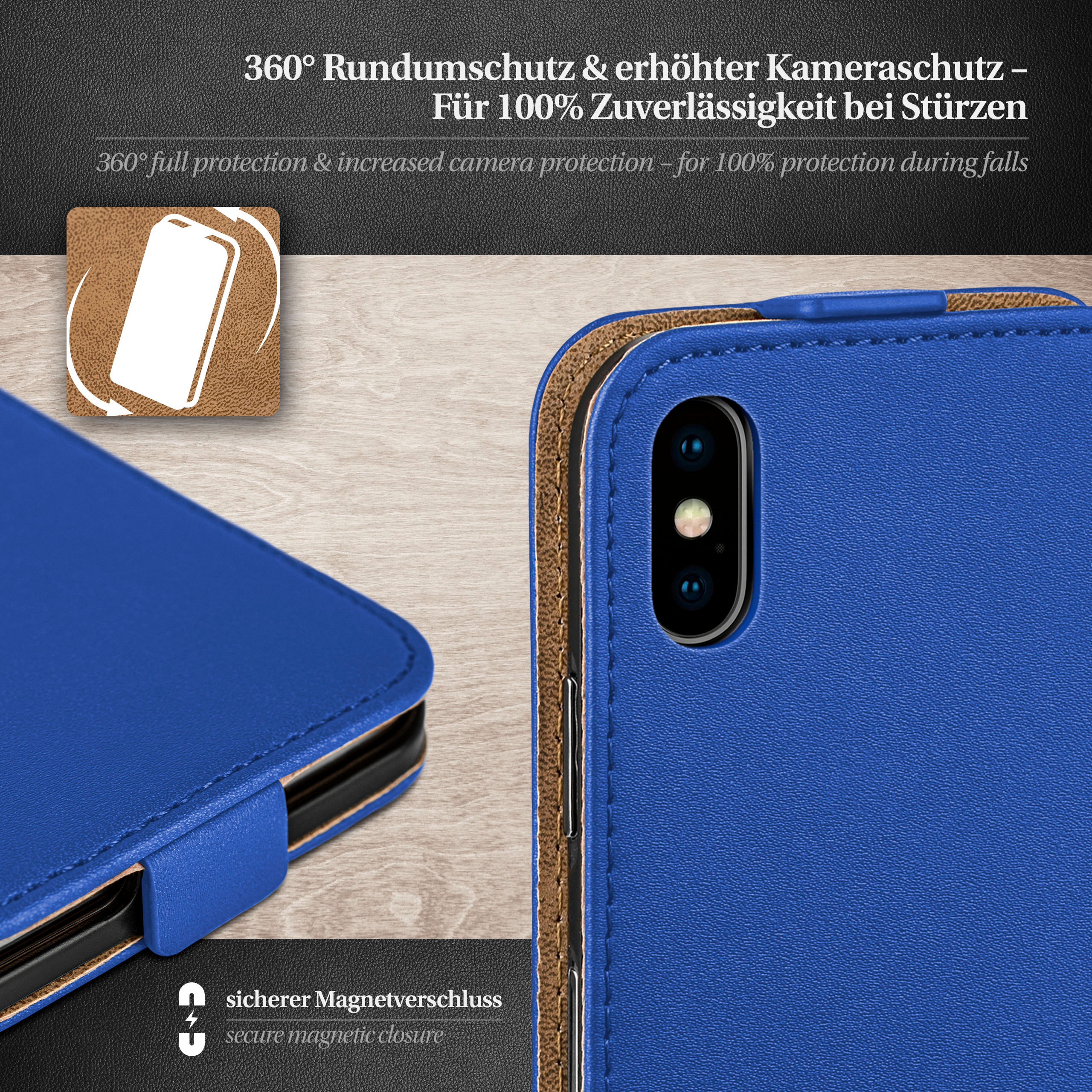 Blaue Handyhülle, offen, auf Holzoberfläche. Text: 360° SCHUTZ & ERHÖHTER KAMERASCHUTZ.