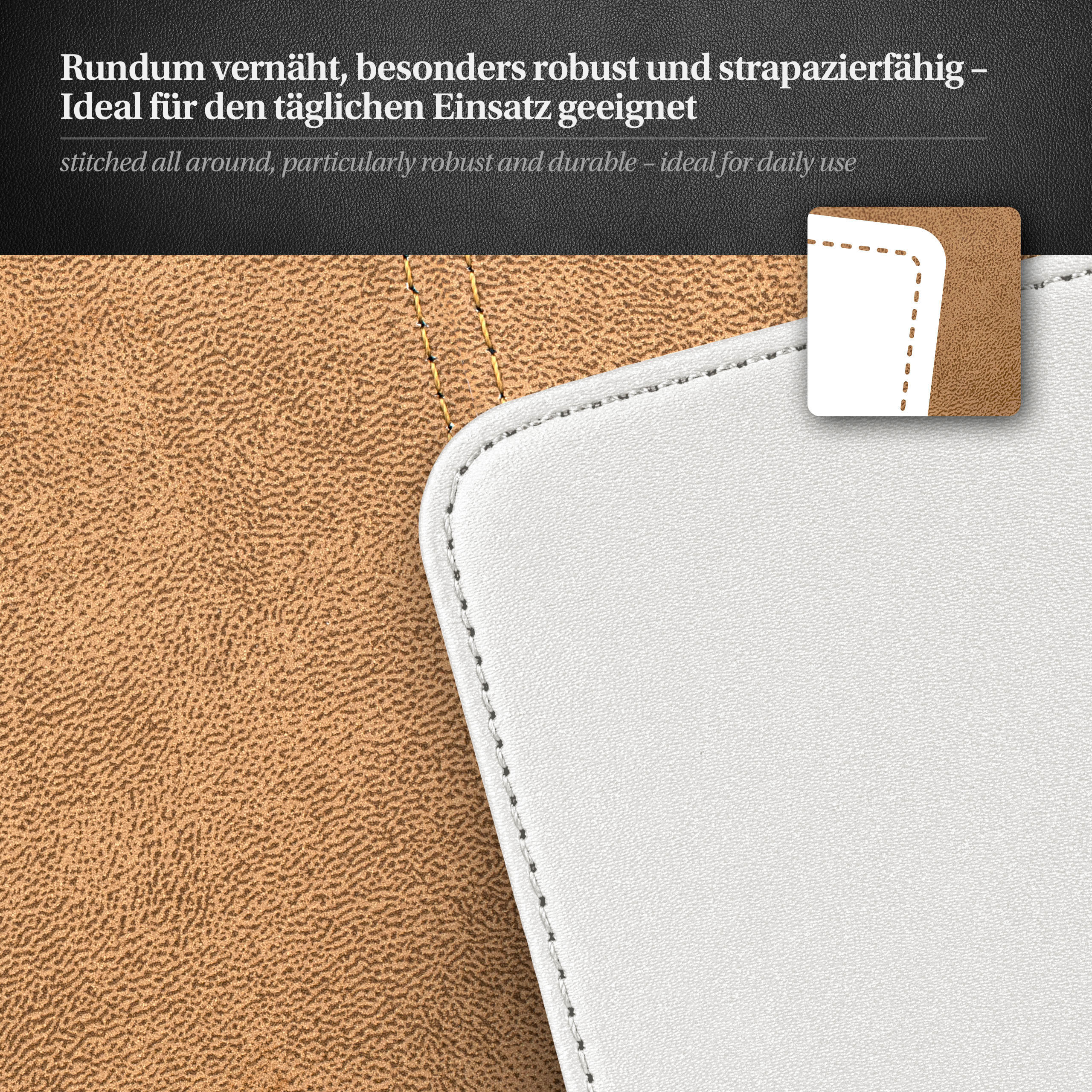 Nahaufnahme einer weißen Handyhülle mit brauner Textur und Nähten, die das Detail des Gehäuses zeigt.