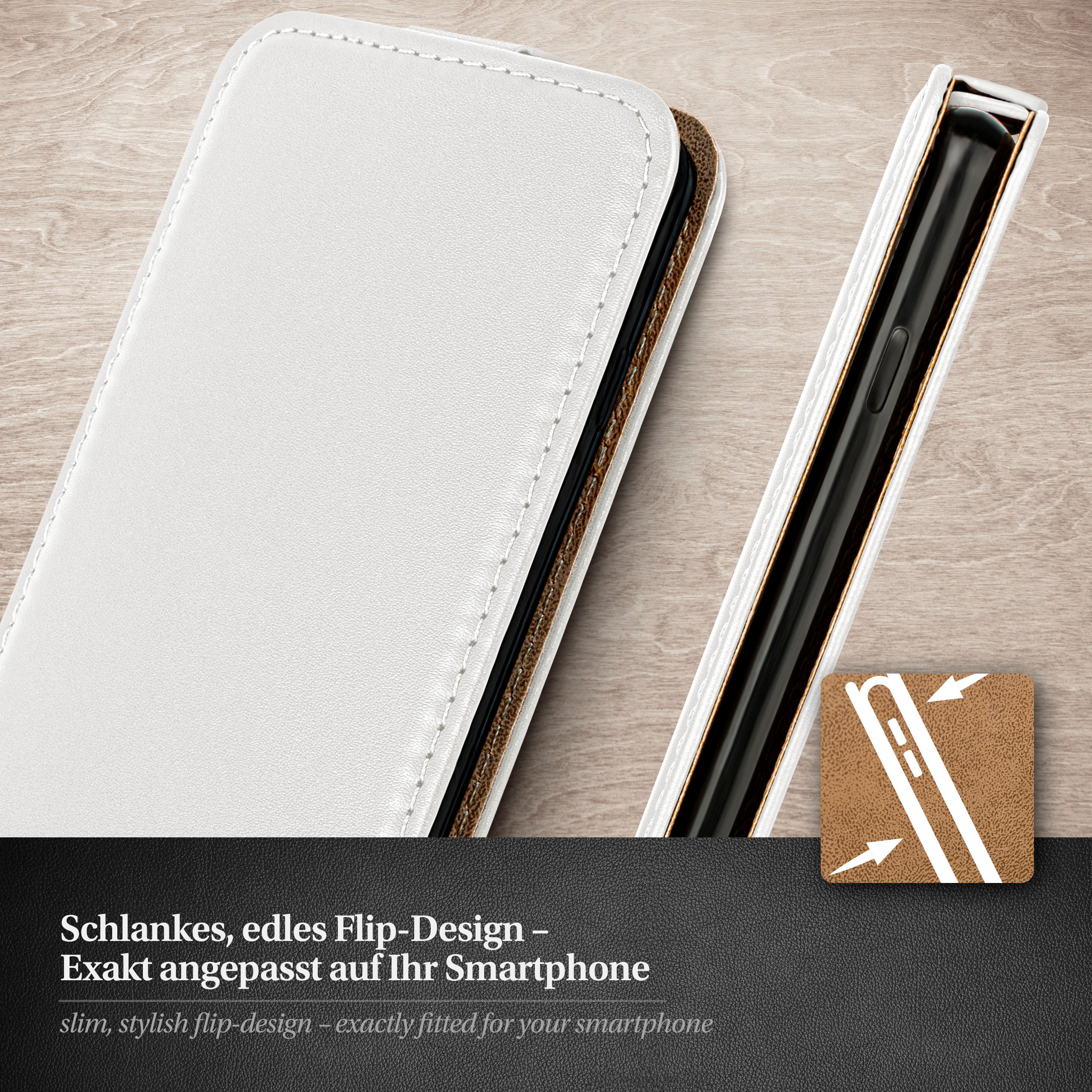 Weisse Handyhülle geöffnet, Telefon sichtbar. Holzoberfläche und schwarzer, strukturierter Hintergrund.