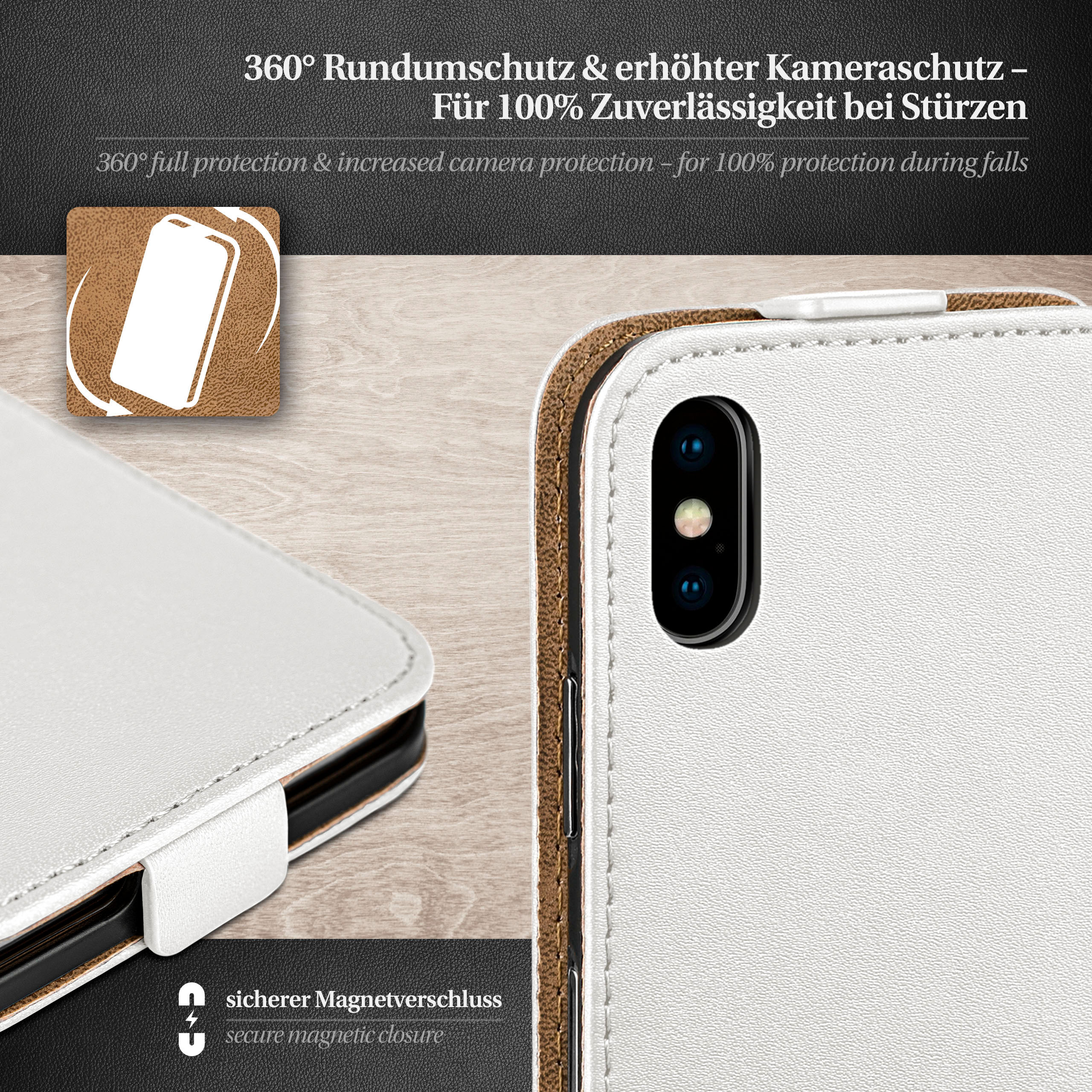 Weiße Handyhülle mit Telefon. Die Hülle ist geschlossen und hat einen Magnetverschluss.