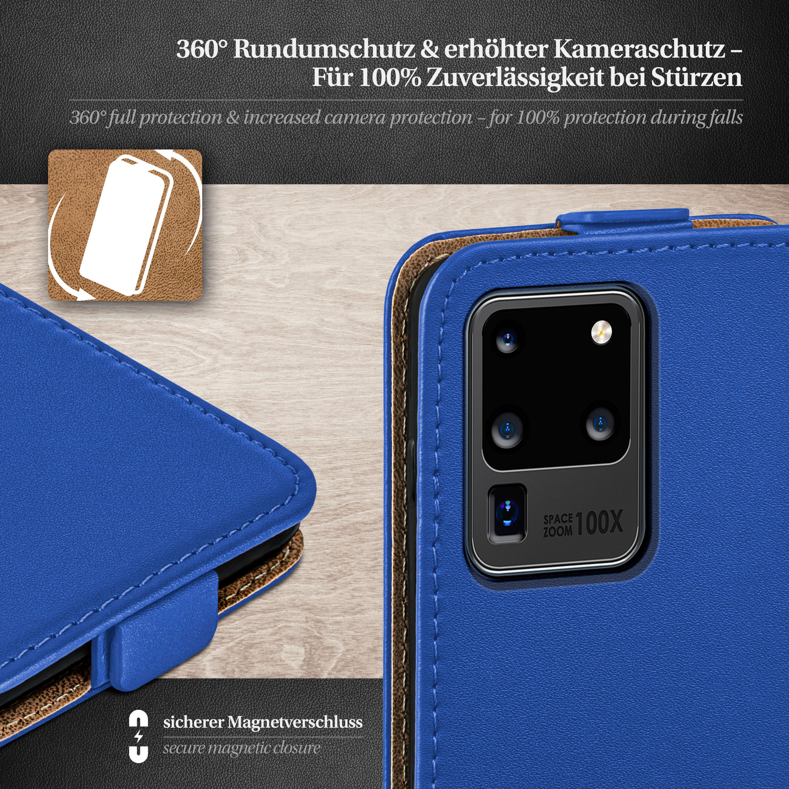 Blaue Handyhülle mit Telefon. Telefon hat Kamera und Magnetverschluss.