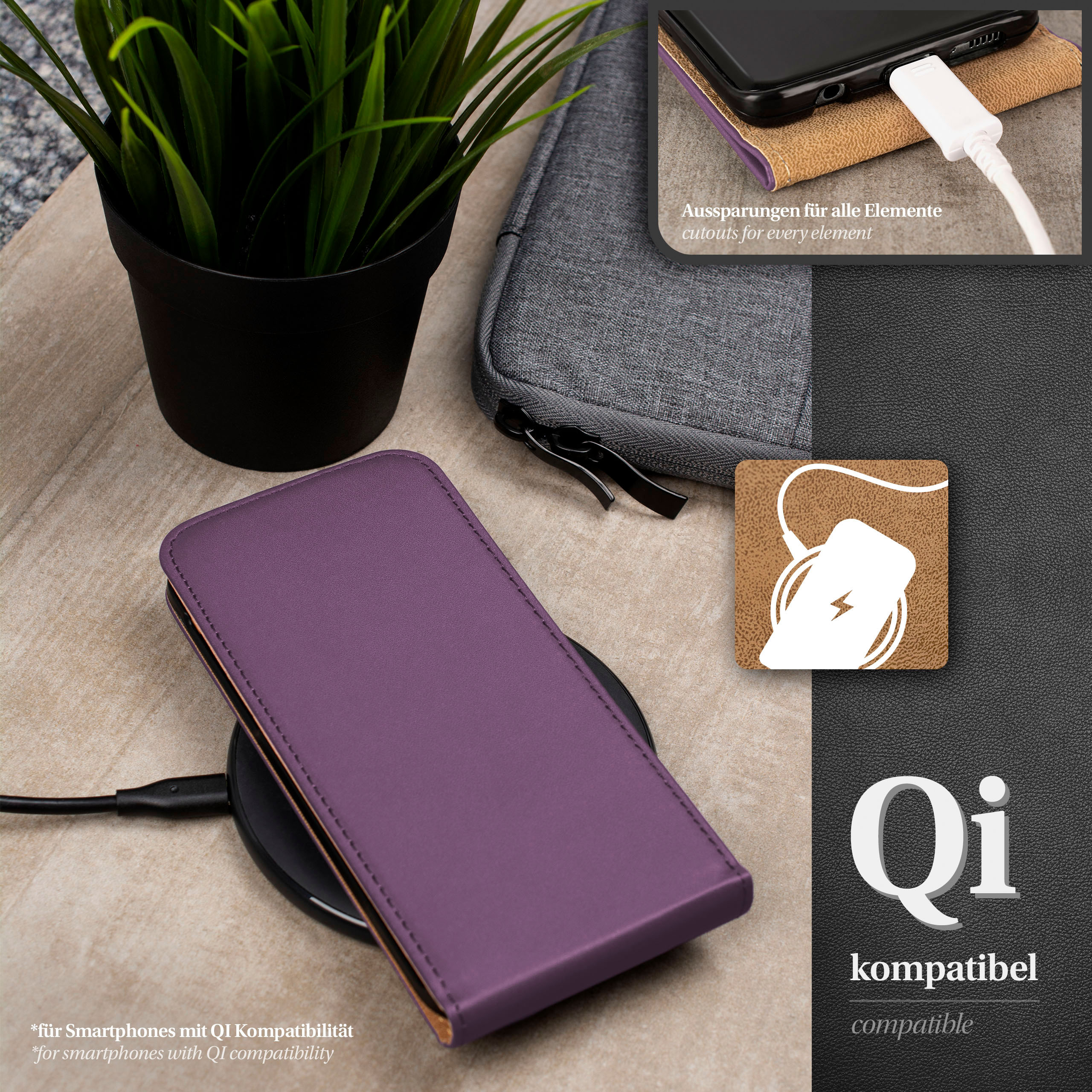 Lila Handyhülle auf einem kabellosen Ladegerät. Ein Telefon mit Ladekabel ist oben rechts.