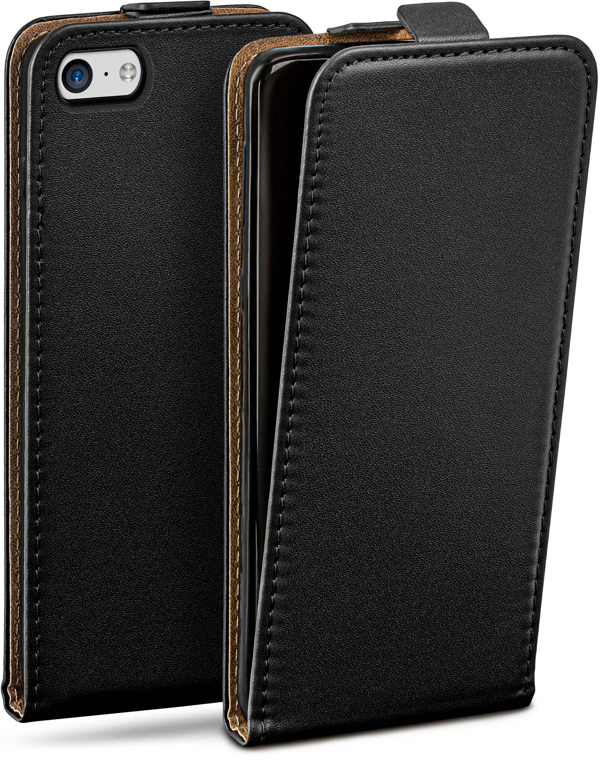 Schwarze Leder-Handyhülle, aufgeklappt, um ein Telefon zu zeigen. Braune Einfassung und Nähte vorhanden.