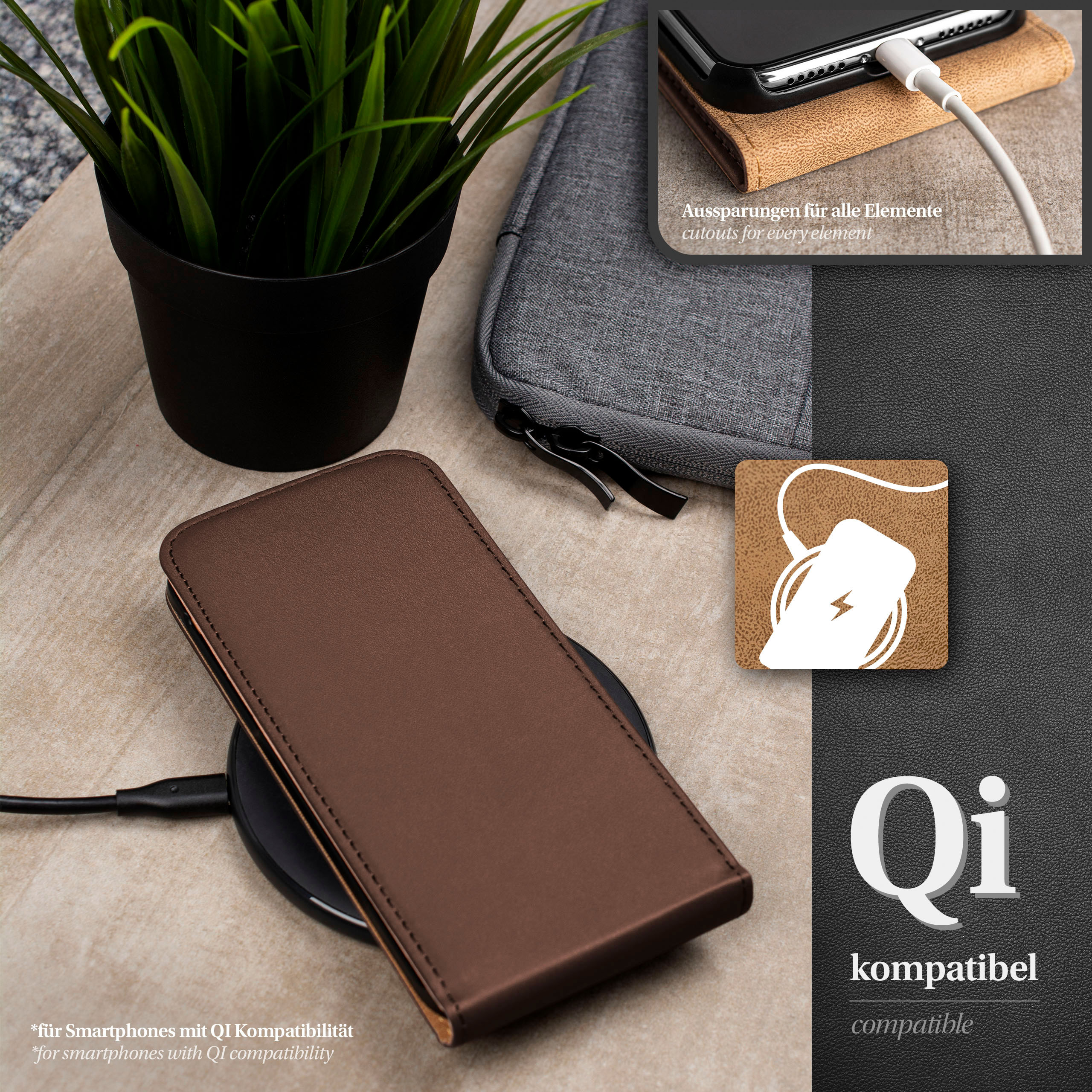 Smartphone-Hülle auf Qi-Ladegerät. Hülle, Ladegerät und eine Pflanze im Hintergrund.