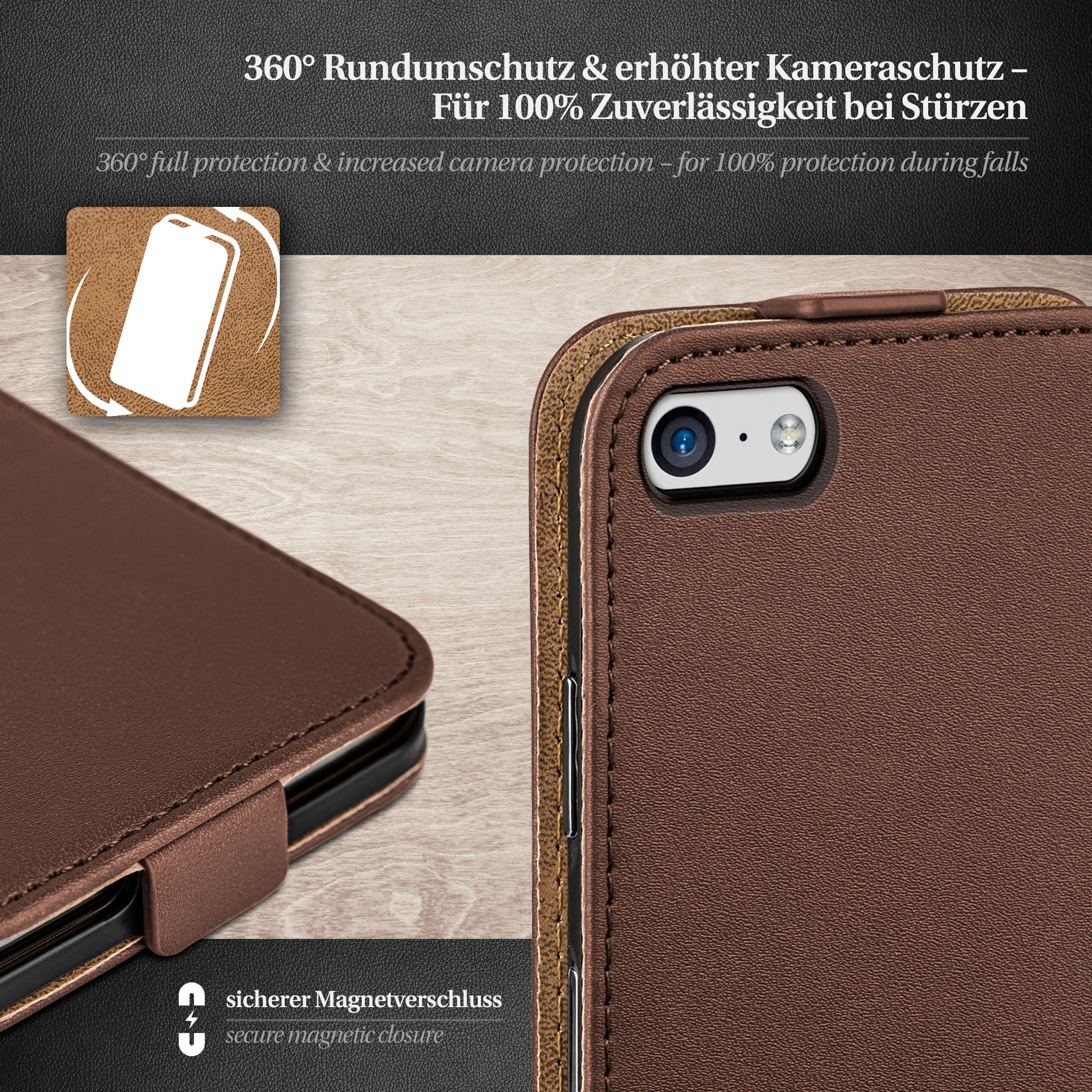 Braune Handyhülle mit Telefon. Telefon hat Kamera und Magnetverschluss.
