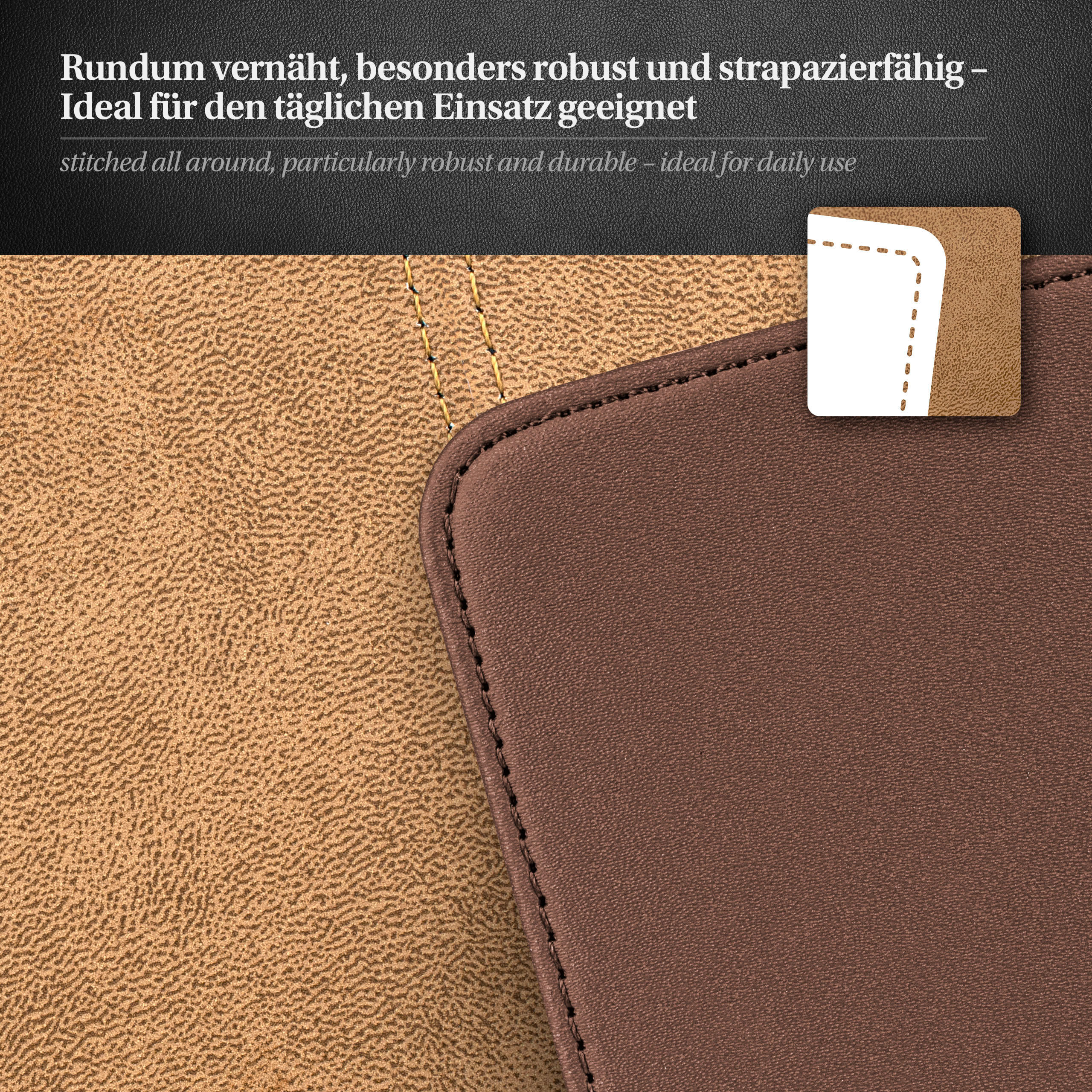 Nahaufnahme von braunem und beigem Leder. Genähte Kanten, eine gebogen. Text oben auf Deutsch.