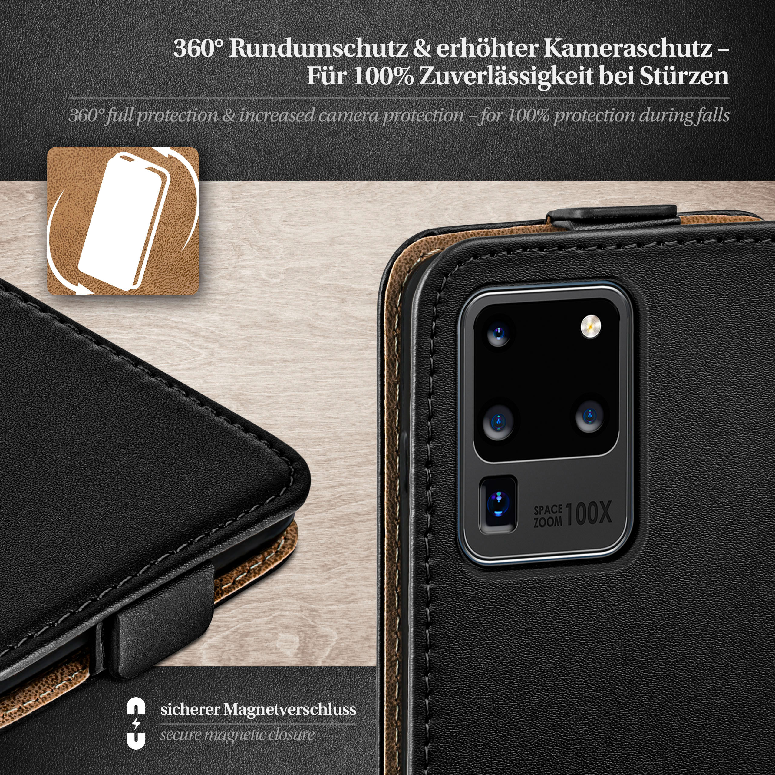 Ein schwarzes Telefon in einer schwarzen Hülle. Das Telefon hat eine sichtbare Kamera. Die Hülle ist offen und hat einen Magnetverschluss.