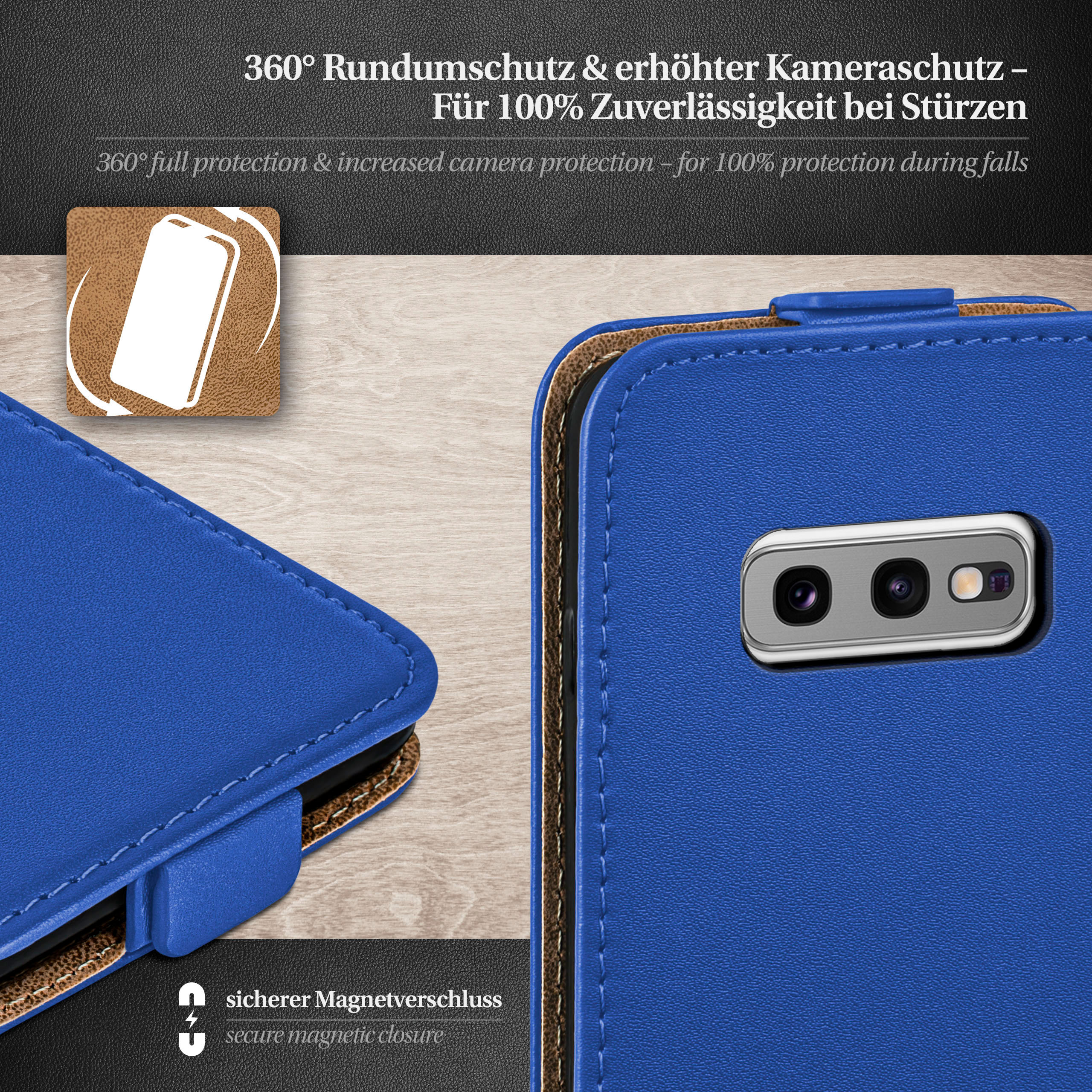 Blaue Handyhülle mit Kamera, teilweise geöffnet. Text: 360° Schutz, Magnetverschluss.