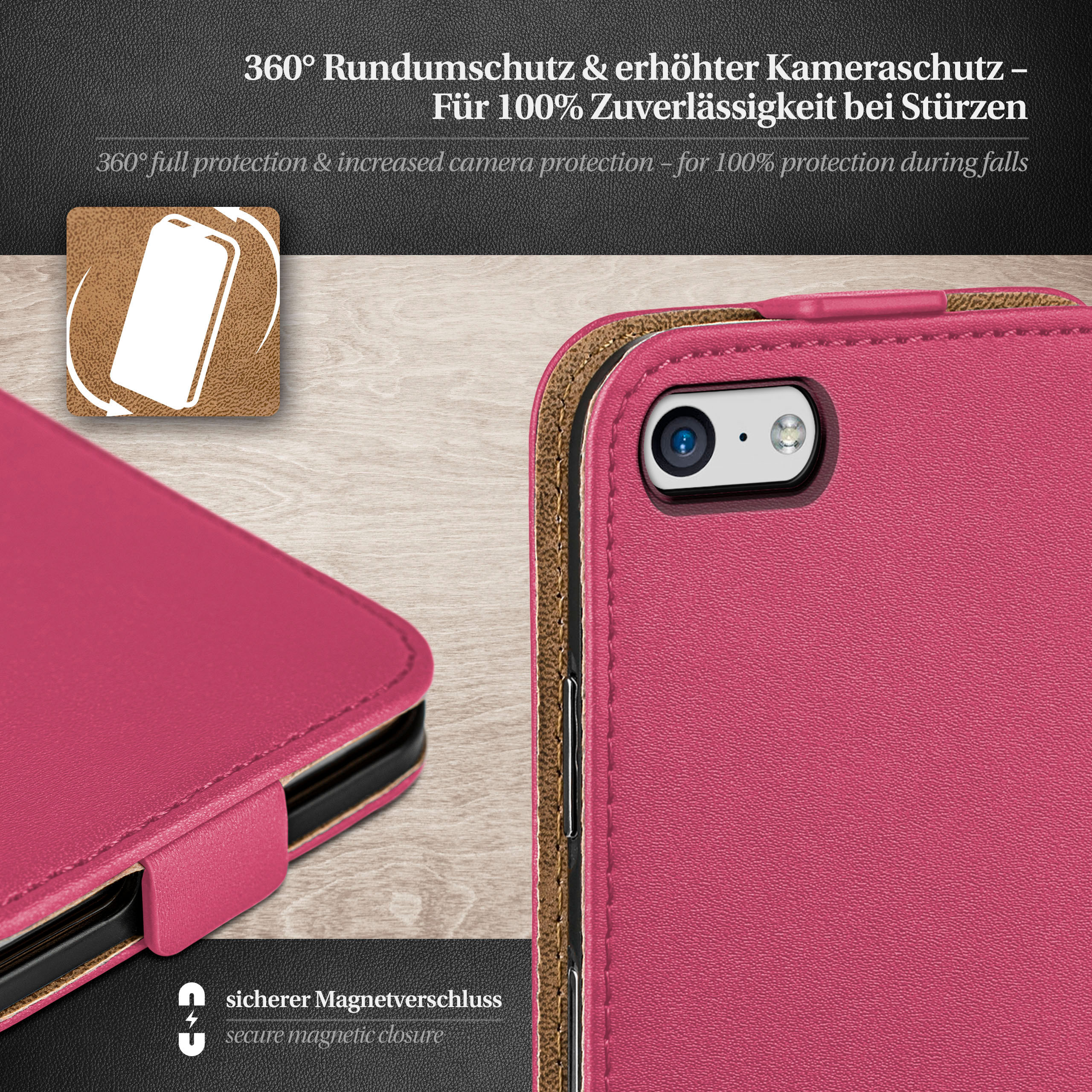 Eine pinke Handyhülle geöffnet, zeigt das Telefon und das Innere, mit Text: '360° Rundumschutz'.