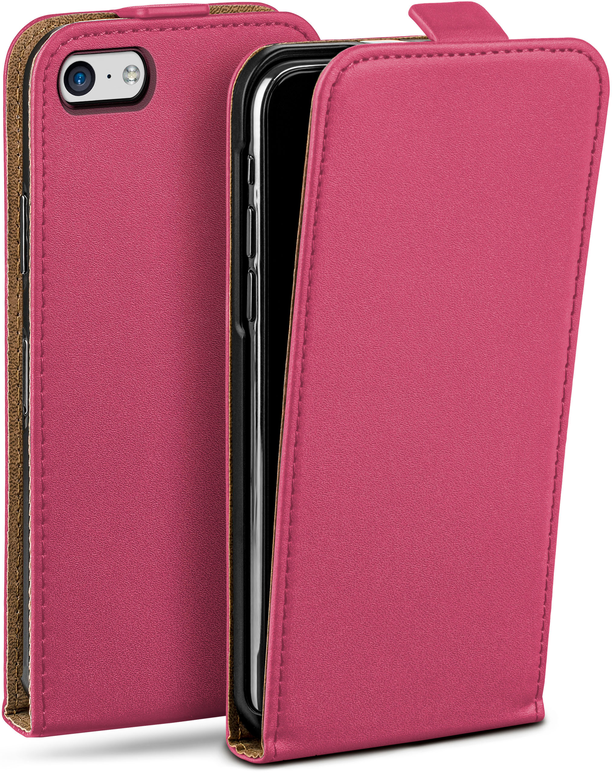 Eine rosa Handyhülle mit einem Telefon darin. Geöffnet, um die Innenseite zu zeigen.