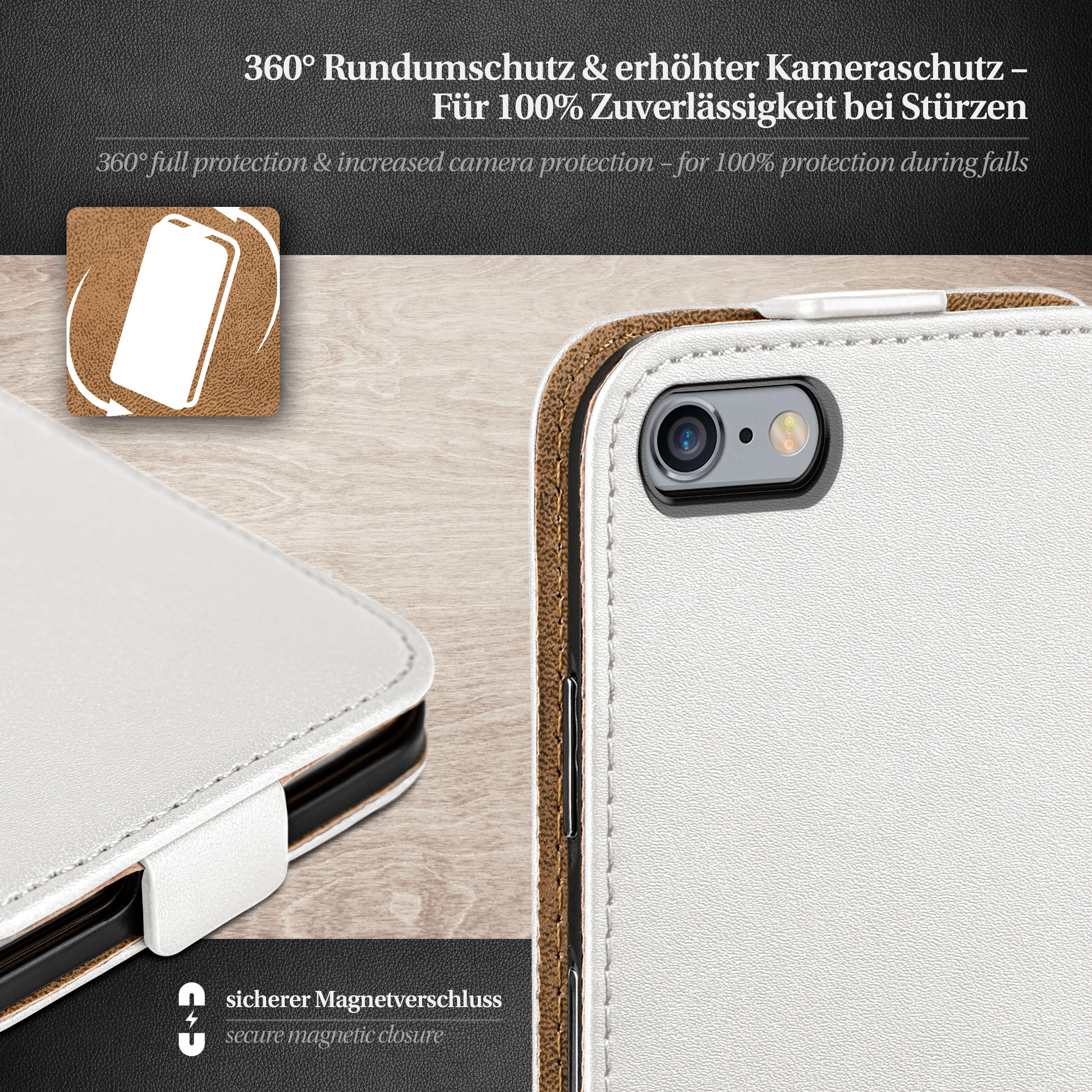 Weißes Handycase offen, zeigt Handykamera und braunes Innere. Detail der Nähte.