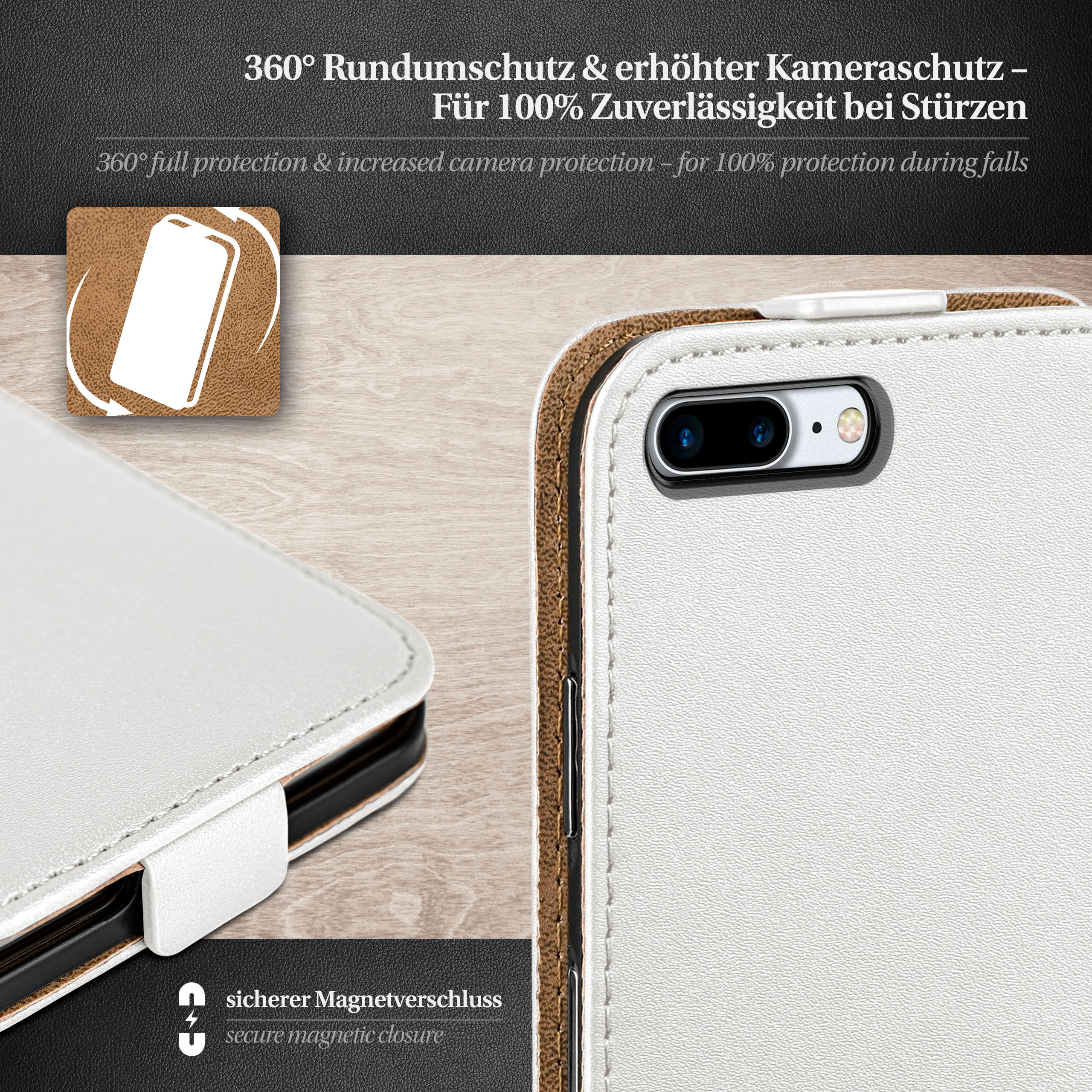 Weiße Handyhülle mit weißem Telefon. Eine schwarze Kamera ist sichtbar.