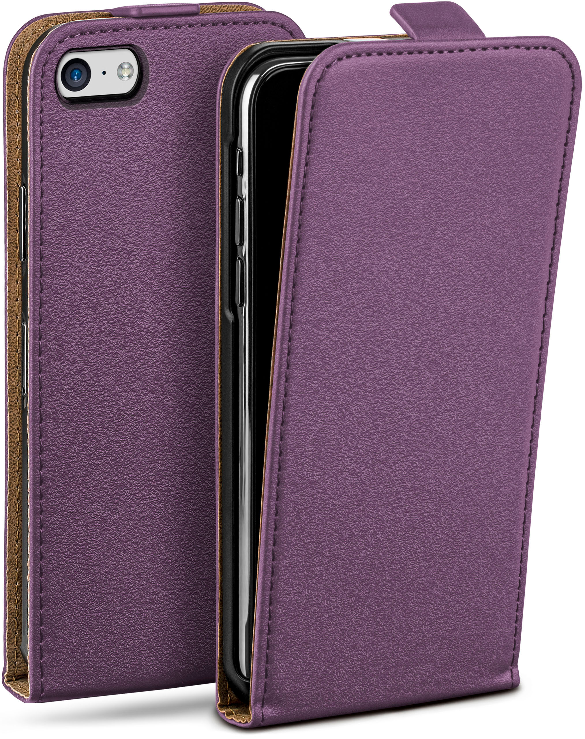 Violette Handyhülle, geöffnet, um das Telefon zu zeigen. Brauner Innenraum, weißer Hintergrund.