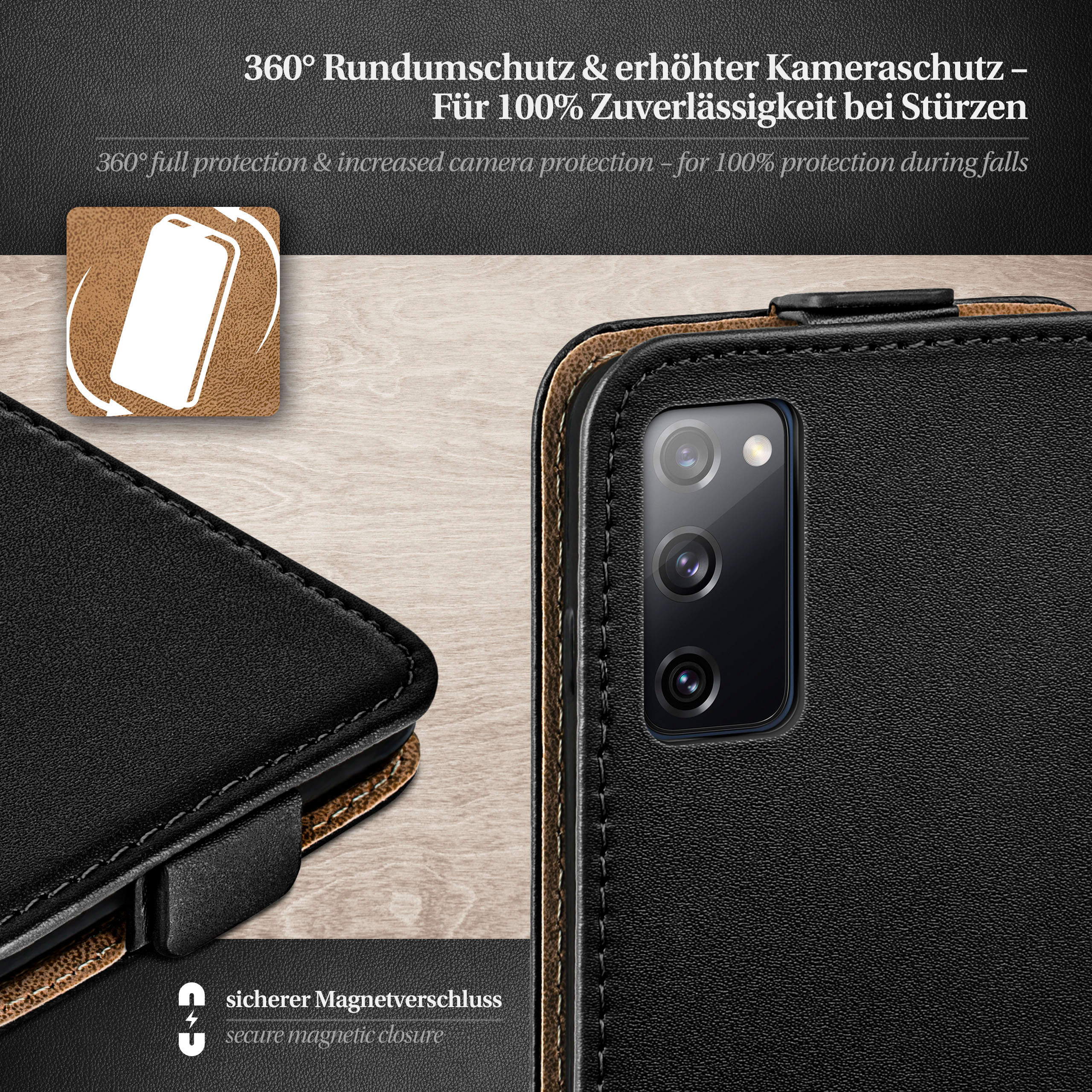 Schwarze Handyhülle mit Nähten und einem Telefon. Der Hintergrund zeigt Text über Schutz.