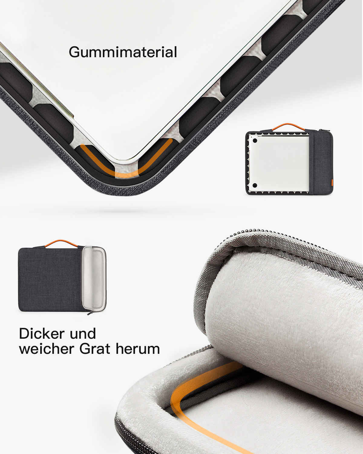 Laptoptasche mit Laptop darin und Nahaufnahme der Ecke. Text beschreibt dicke und weiche Kante.