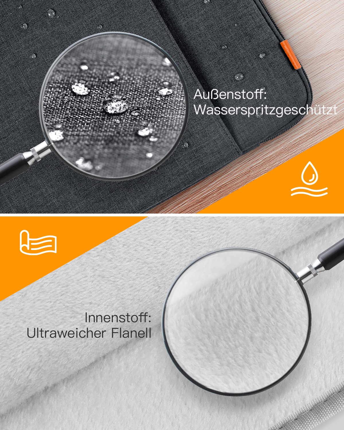 Nahaufnahme einer dunkelgrauen Laptoptasche. Lupe zeigt Wassertropfen auf dem Stoff und das weiche Innere.