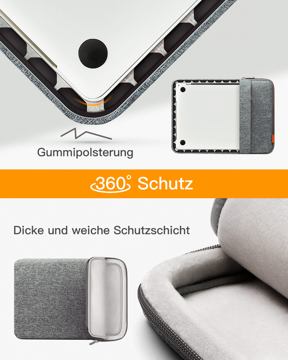 Eine graue Laptoptasche. Das Bild zeigt die Innen- und Außenseite der Tasche.