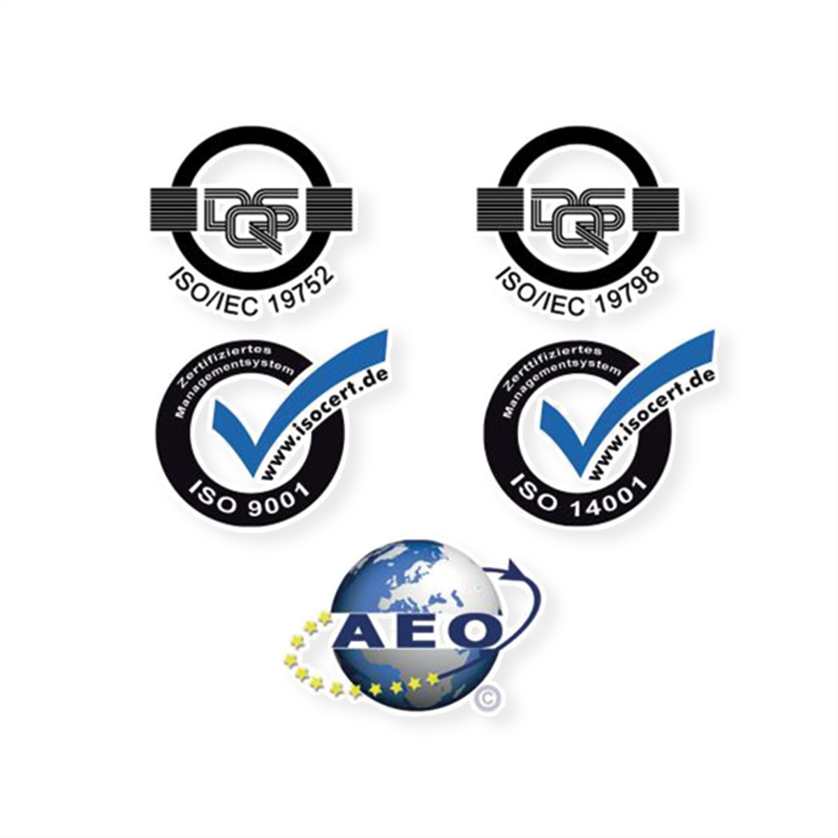 Trzy loga z tekstem i haczykami na białym tle.