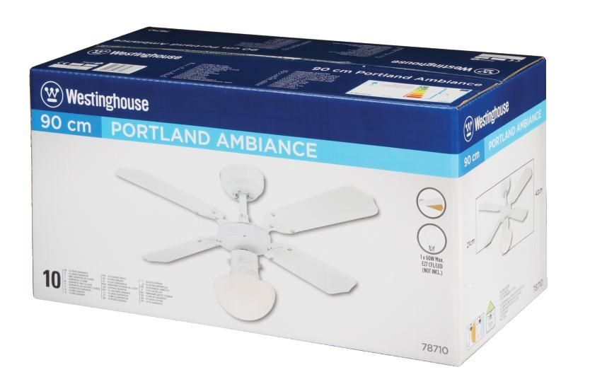 Karton mit Deckenventilatorbild. Text auf der Box: Westinghouse, 90 cm, Portland Ambiance.