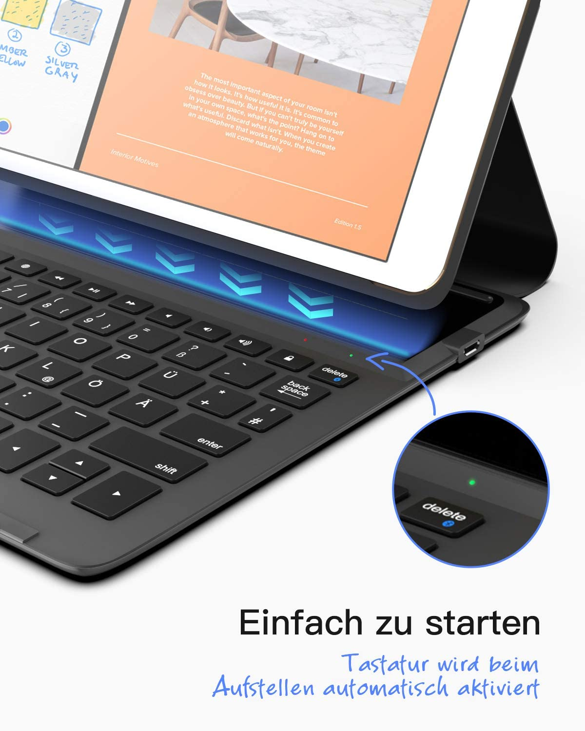 Tastatur mit Tablet verbunden. Das Wort Löschen ist grün markiert. Es gibt eine Abbildung der Tastatur.