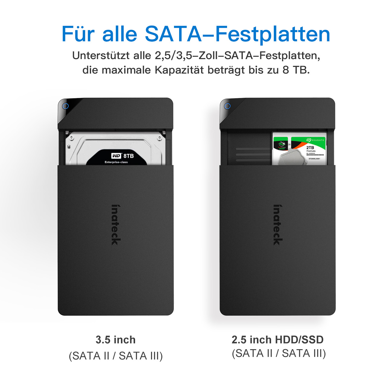 für HDD und INATECK Festplattengehäuse SATA Externes 3,5” Gehäuse 2,5”/ SATA HDD black 3.0 Festplattengehäuse, SSD USB zu
