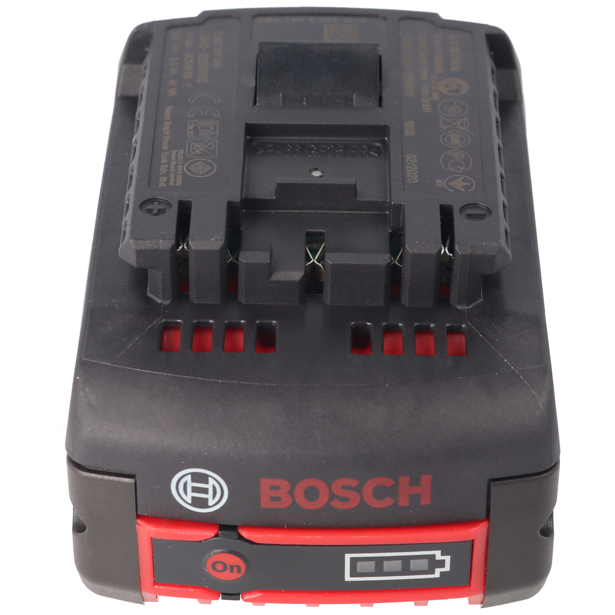 Ein schwarzes und rotes Bosch-Akkupack für ein Elektrowerkzeug, mit dem Bosch-Logo sichtbar.