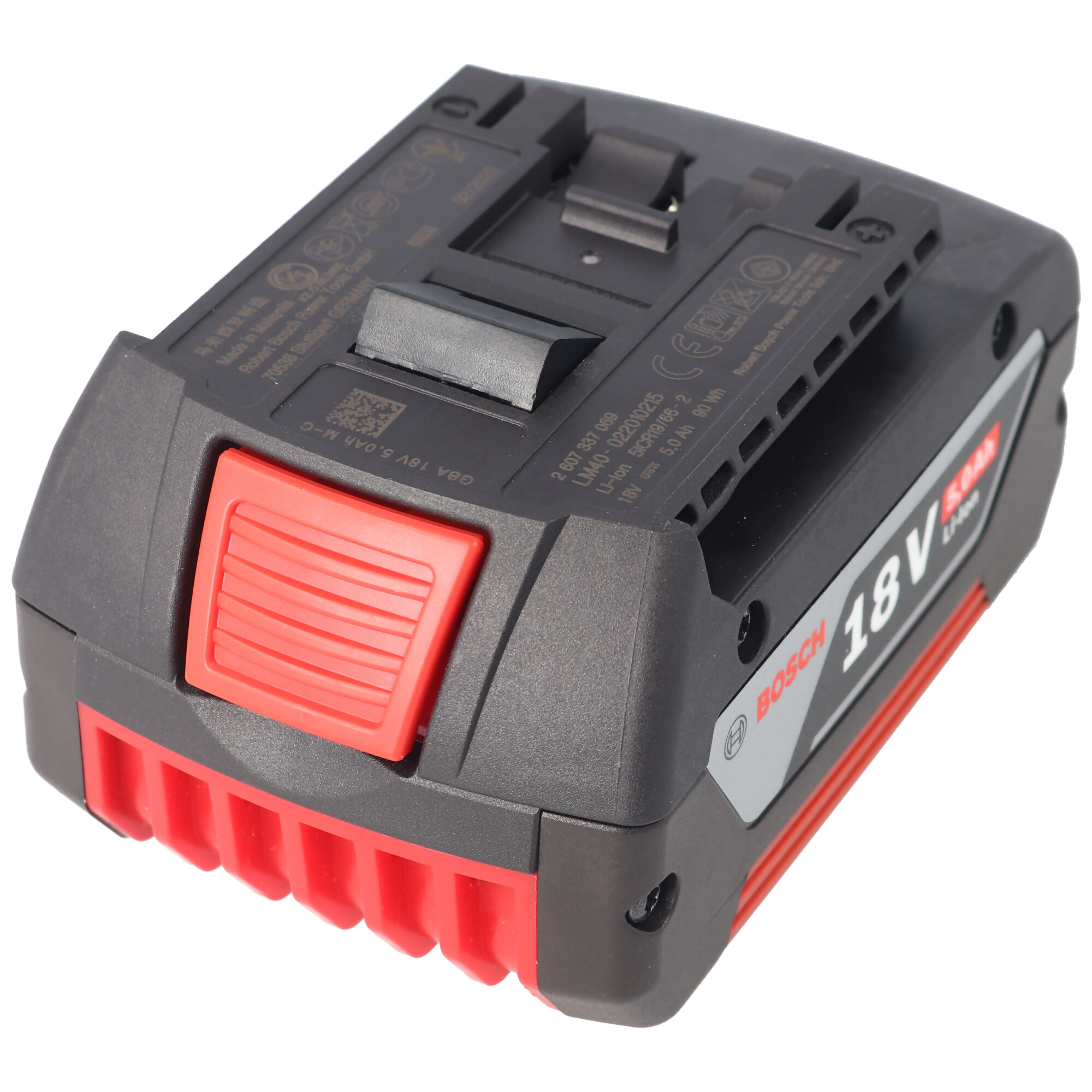 Schwarze und rote 18V Bosch-Batterie. Sie hat einen roten Entriegelungsknopf und befindet sich auf weißem Hintergrund.