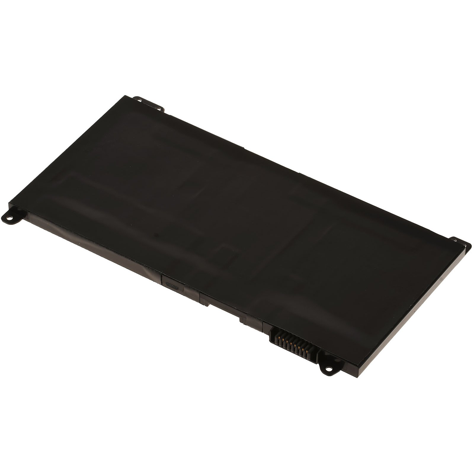 Una batería de laptop rectangular negra con un conector en el lateral.