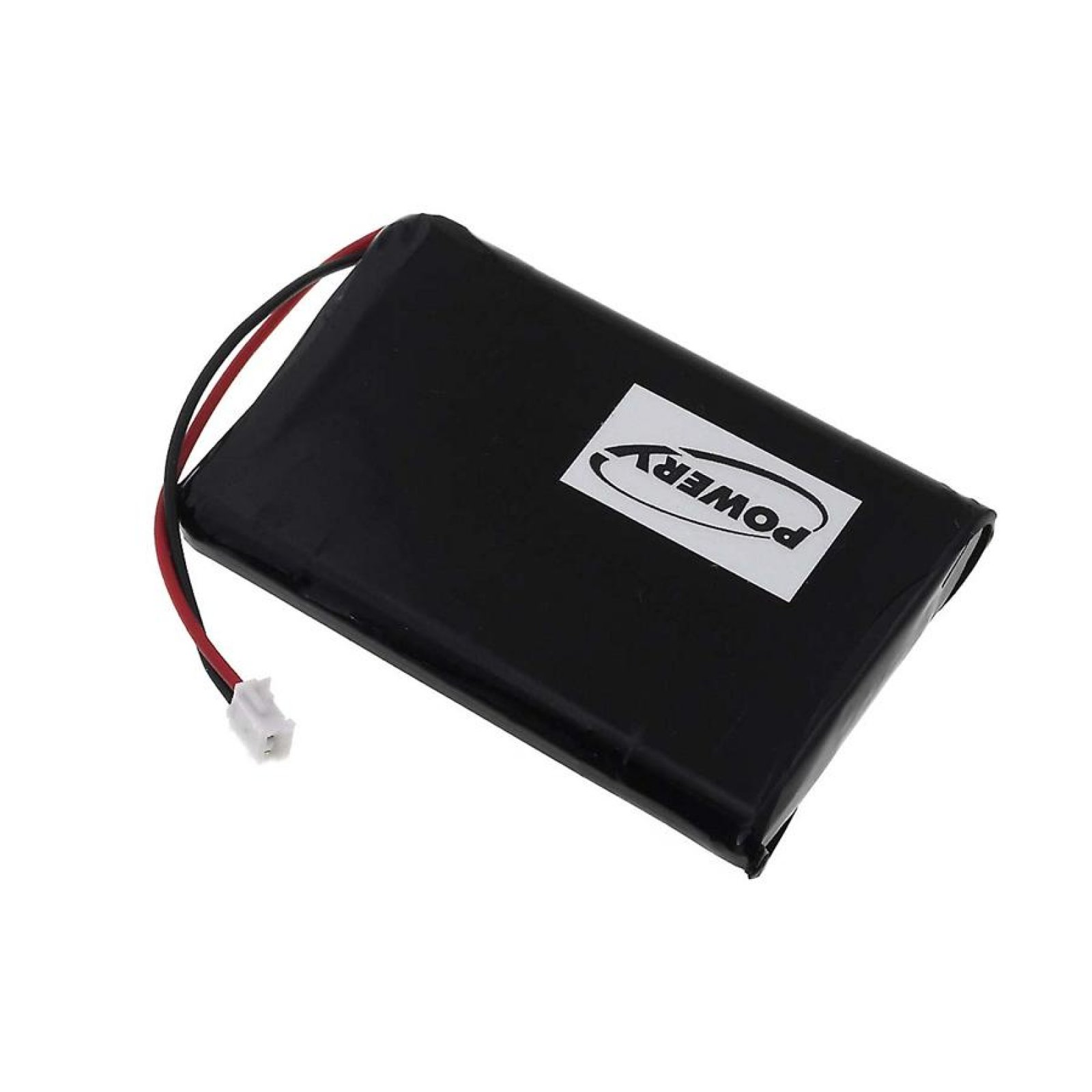 Una batería rectangular negra con el logotipo blanco PowerX. Tiene cables rojos y negros que salen de ella.