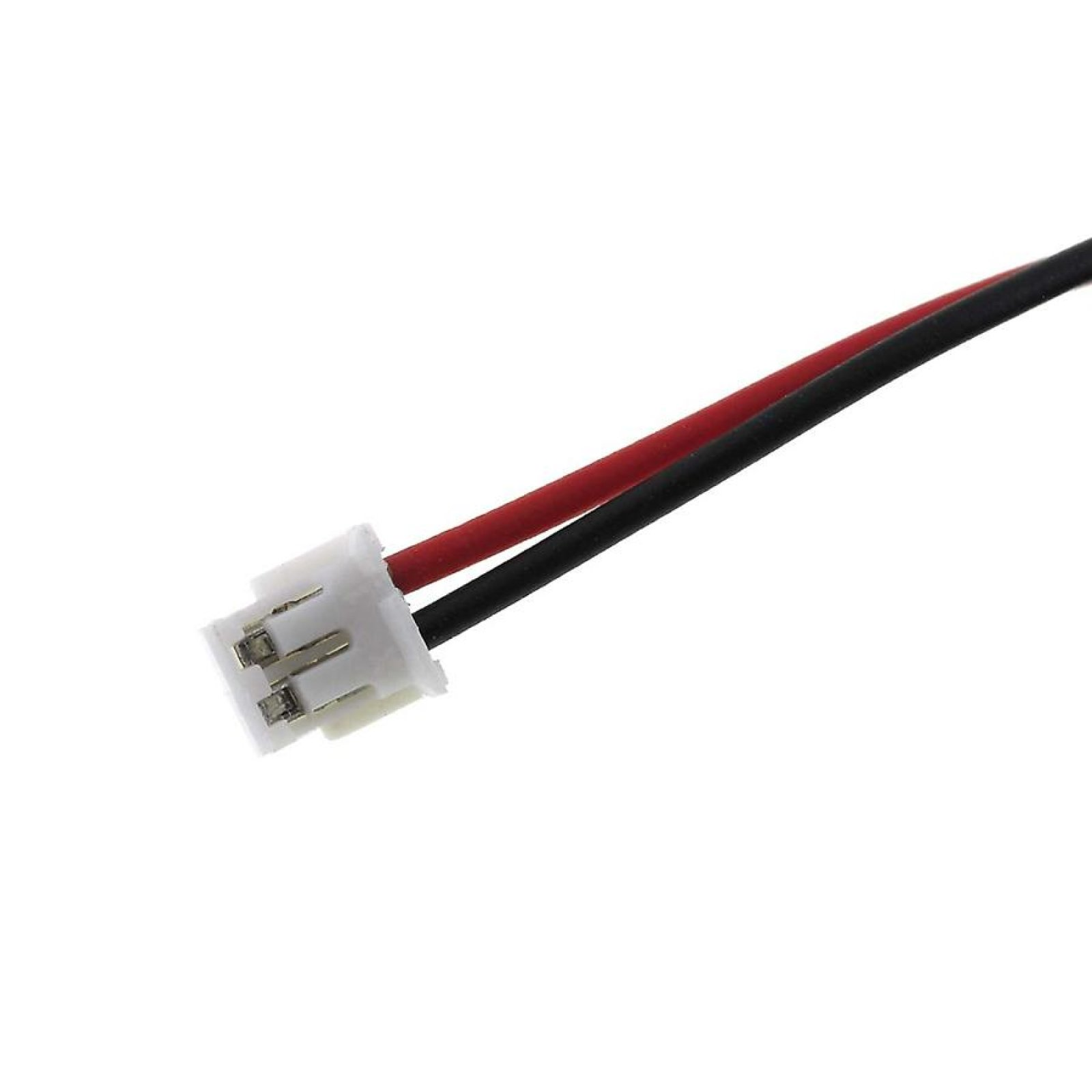 Primer plano de un conector blanco con cables rojo y negro que se extienden.