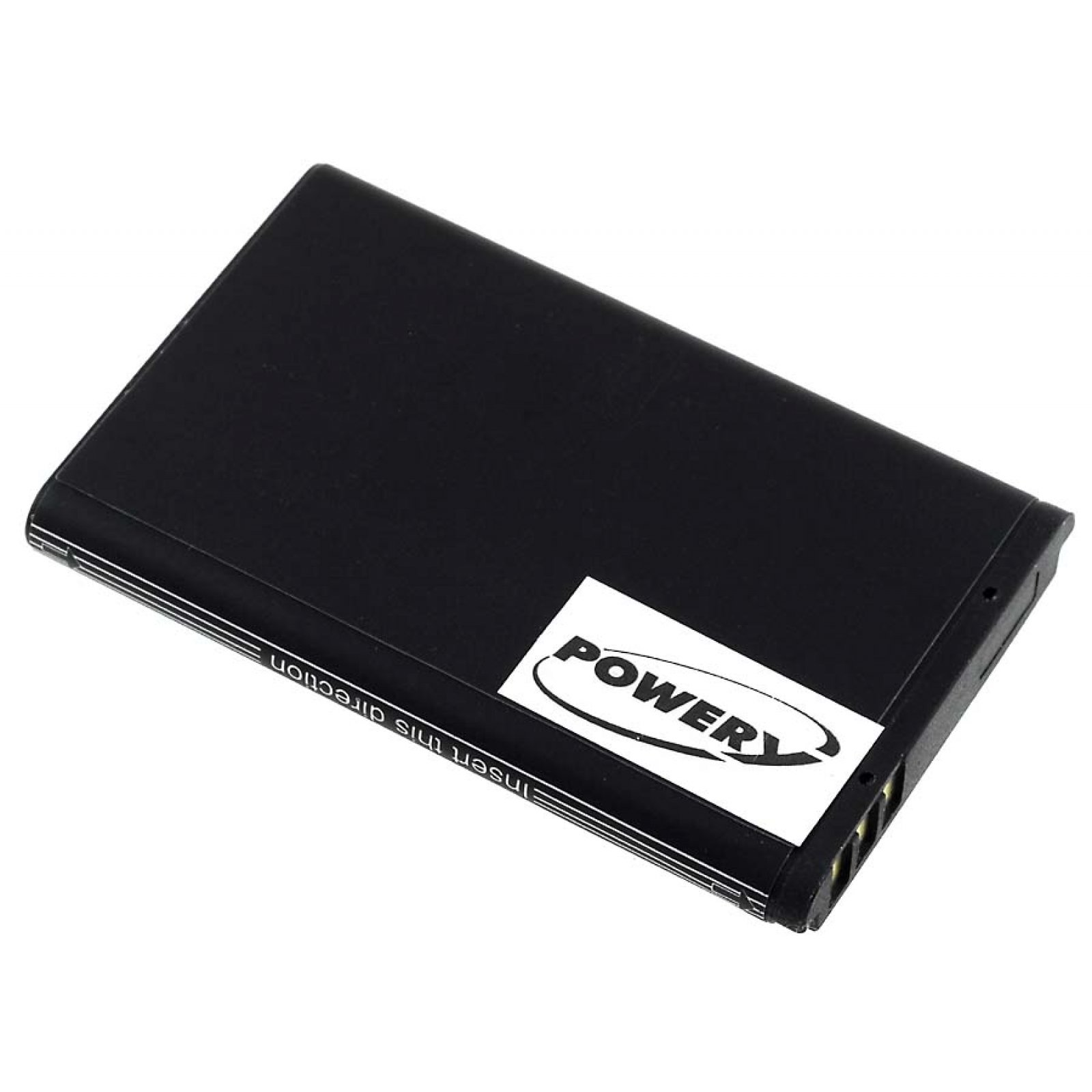 Batería rectangular negra con una etiqueta blanca que dice "POWER". El texto "Insert this direction" está en el costado.