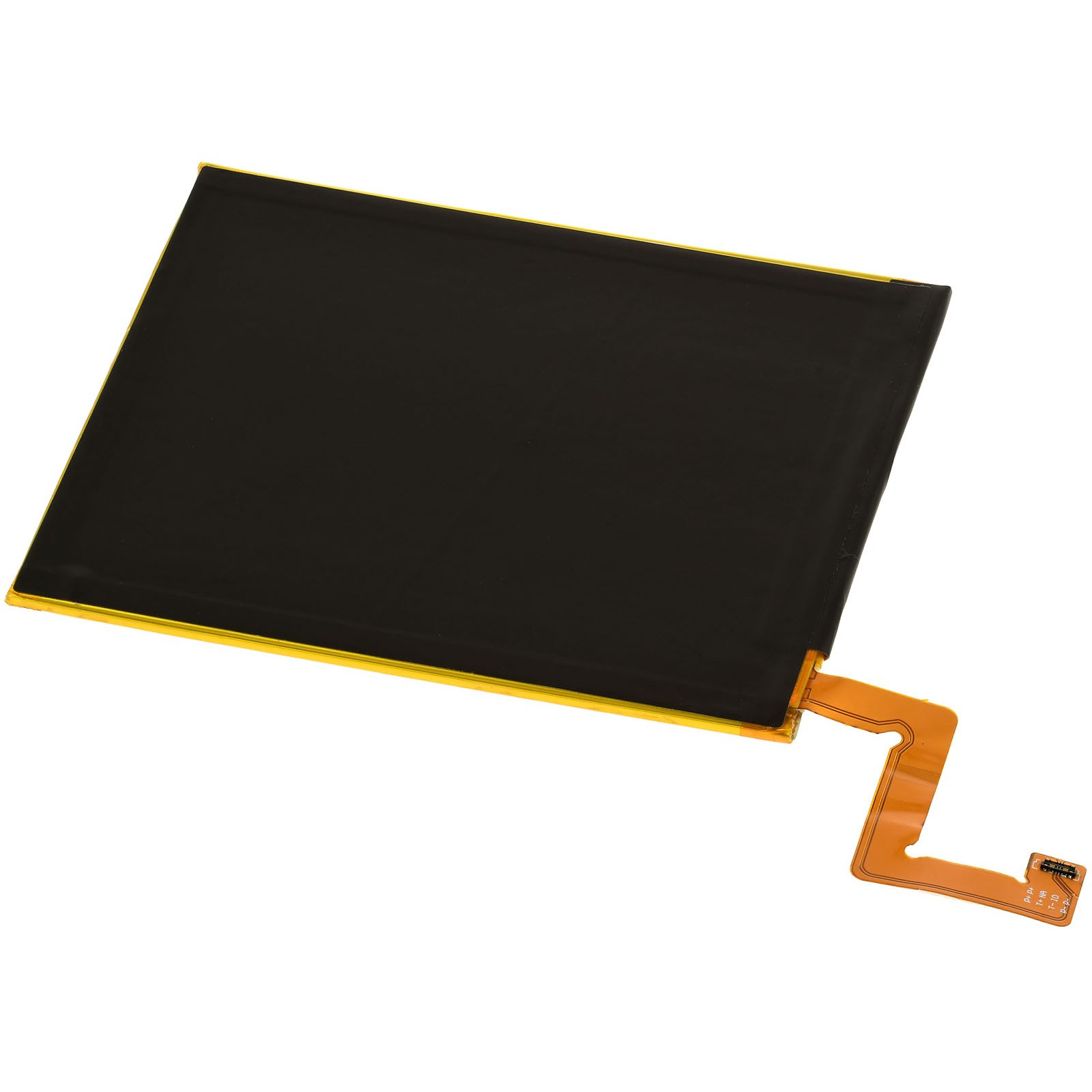 Una batería rectangular negra con un marco amarillo y un conector naranja.
