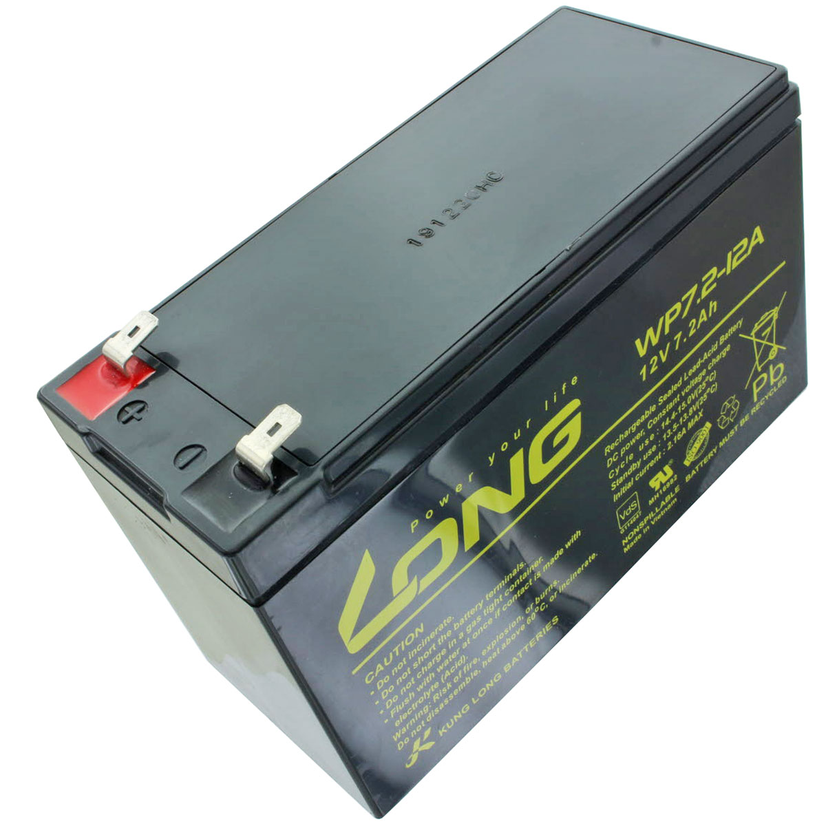 Schwarze rechteckige Batterie mit gelbem LONG-Logo und Warnhinweisen. Die Batterie ist mit WP7.2-12A beschriftet.