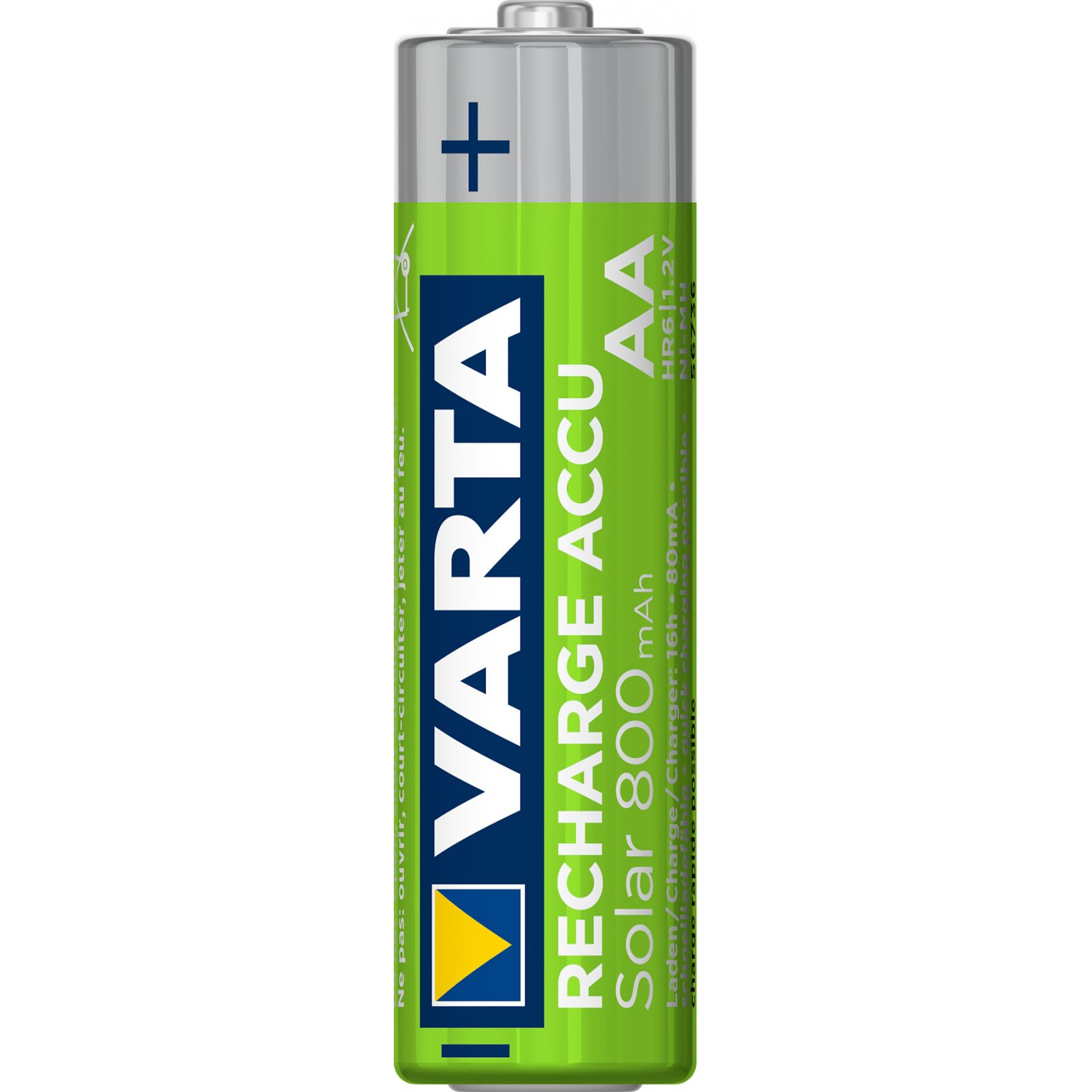Una batería Varta Recharge AA. Es verde y blanca con texto y un símbolo positivo.