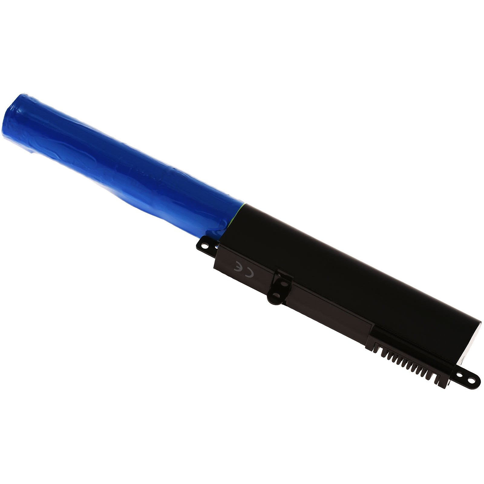 Batería de portátil negra y azul, con envoltorio protector azul, aislada en blanco.