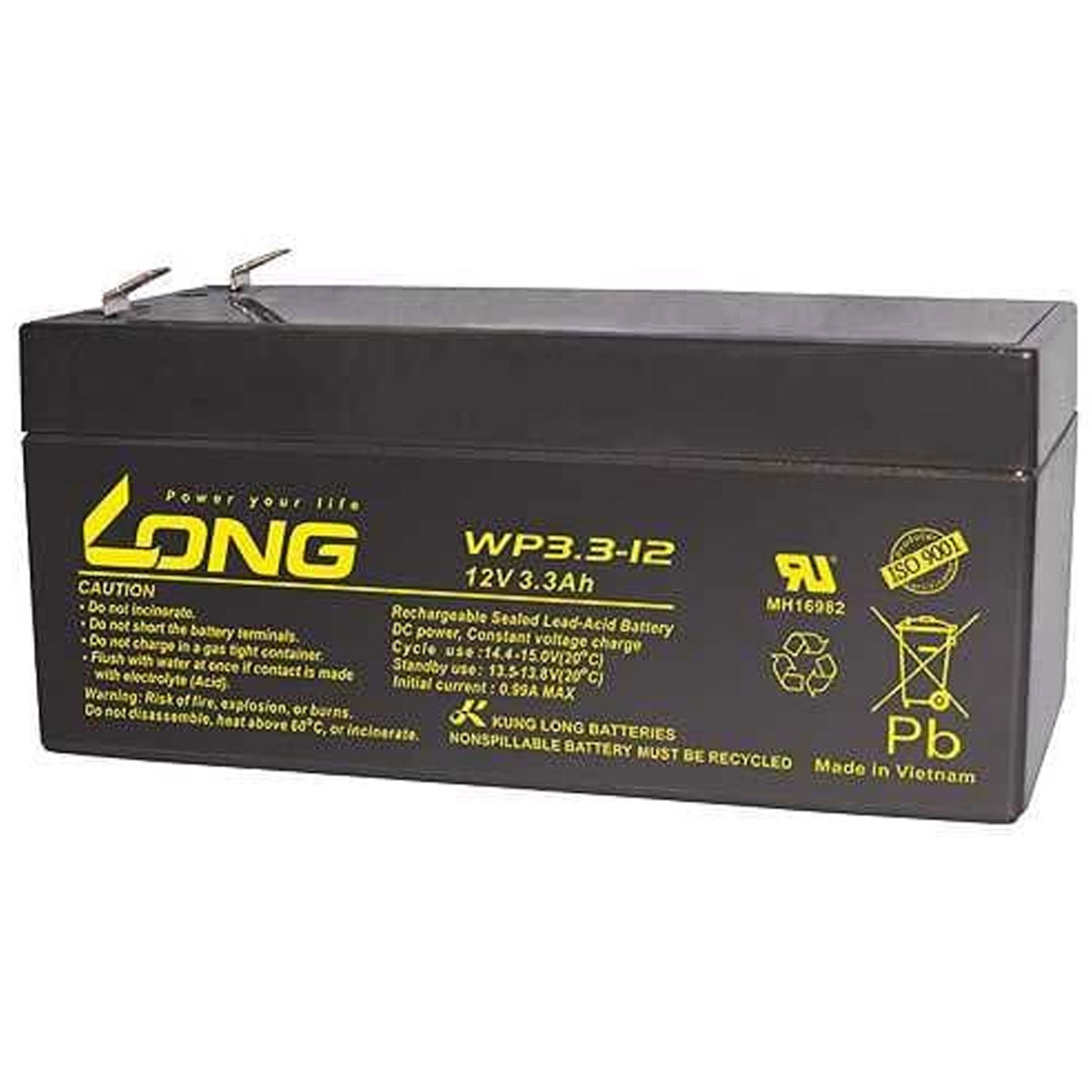 Schwarze rechteckige Batterie mit weißen und gelben Etiketten.