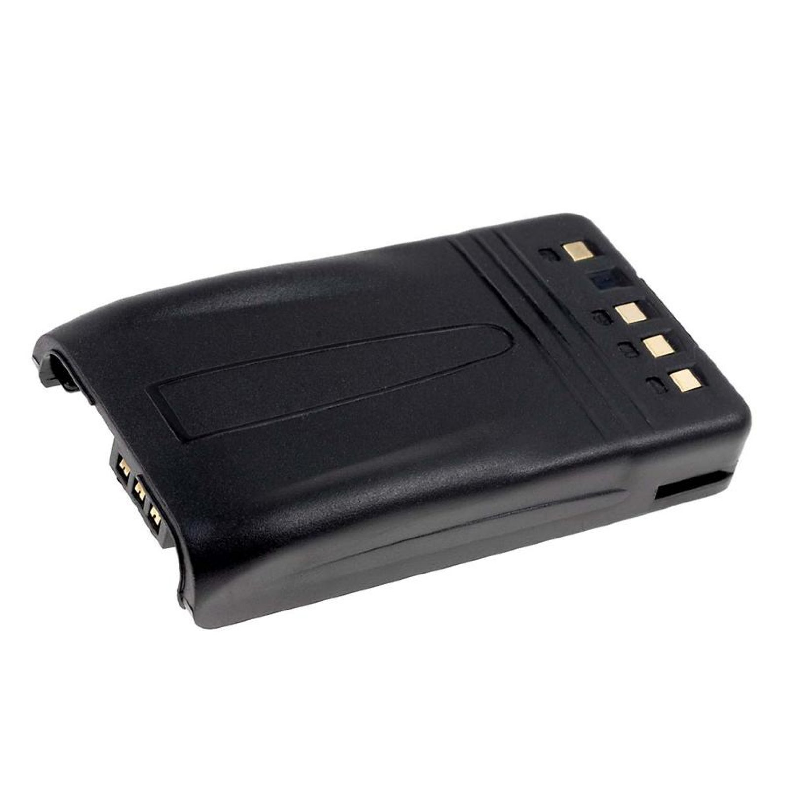 Batería rectangular negra con conector, sobre una superficie blanca.