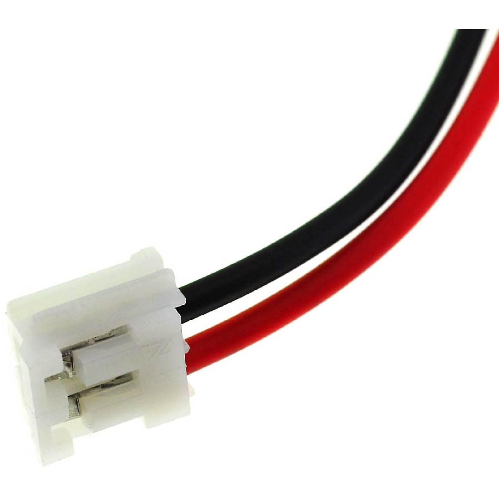 Un conector plástico blanco con cables negro y rojo.