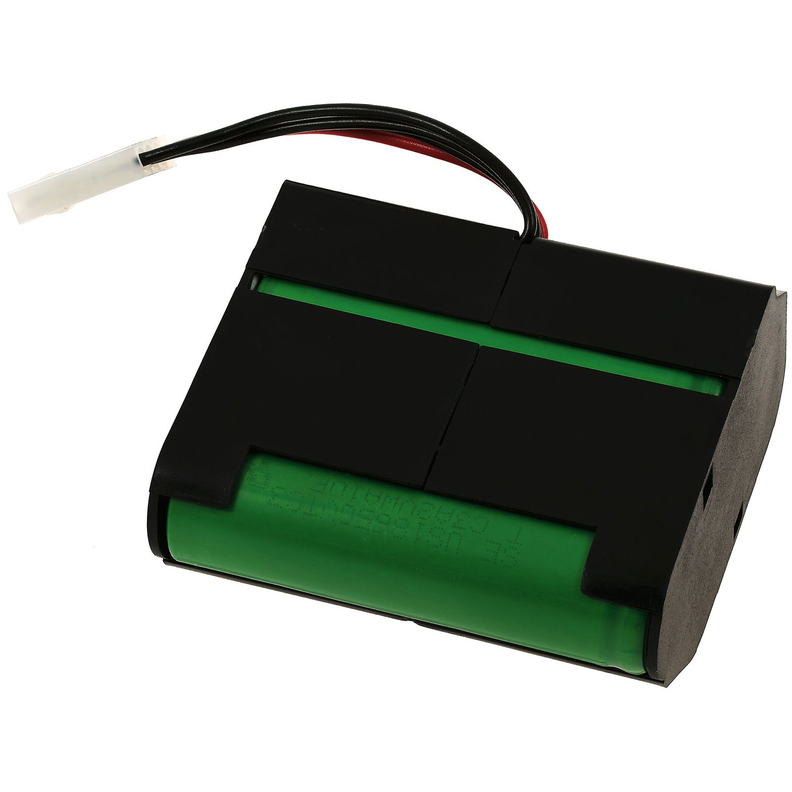 Grüne zylindrische Batteriezelle in einem schwarzen Gehäuse. Drähte sind befestigt.