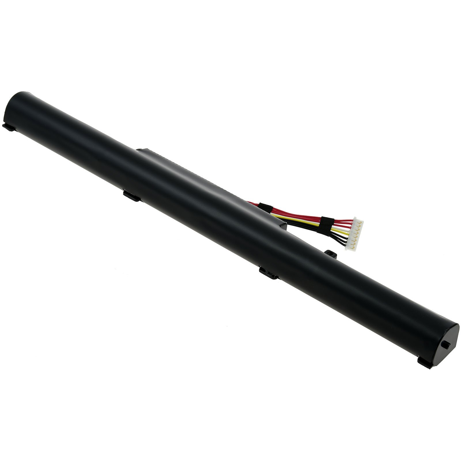 Batería negra para portátil con conector, sobre fondo blanco.