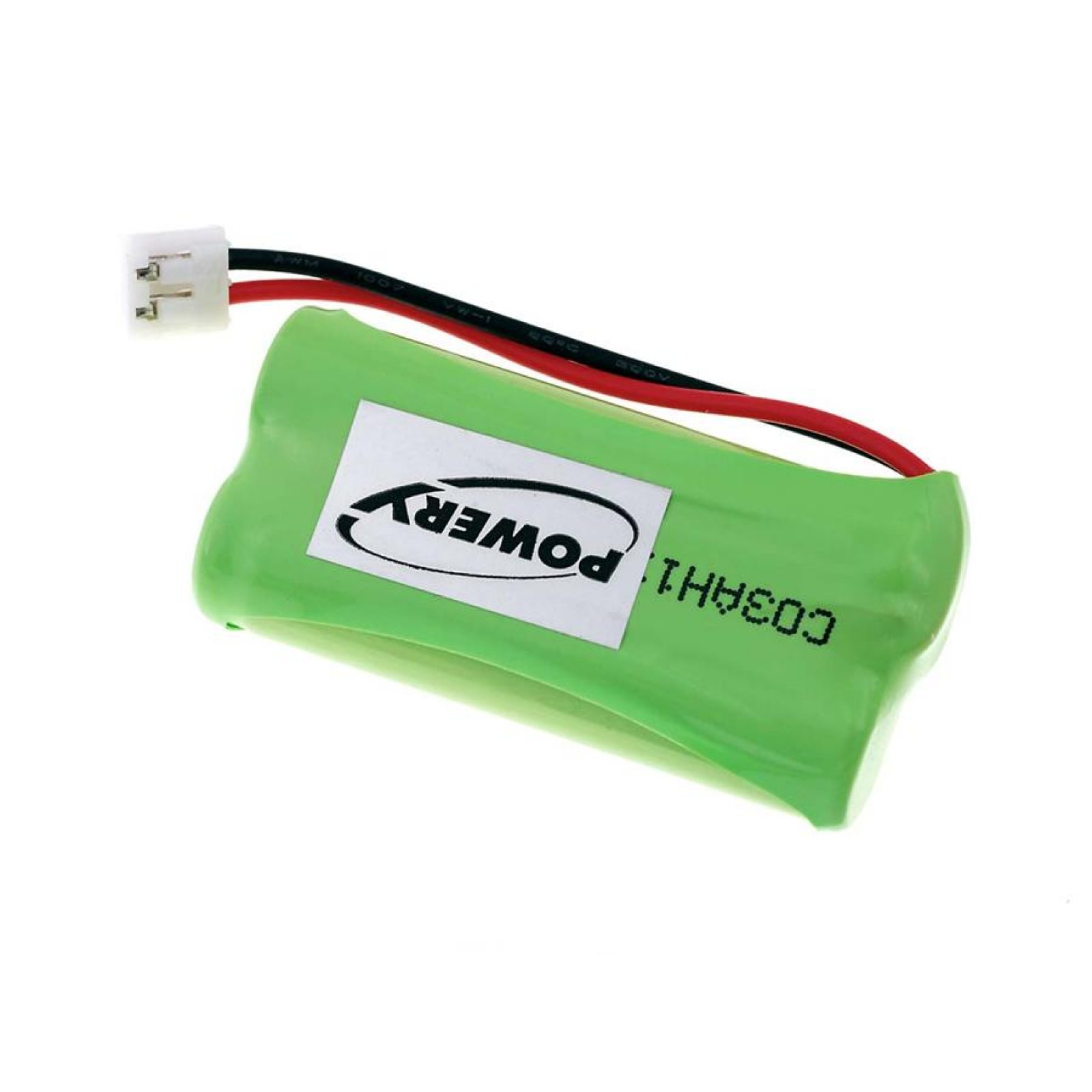 Batería verde con etiqueta POWERY y conector blanco con cables rojo y negro.